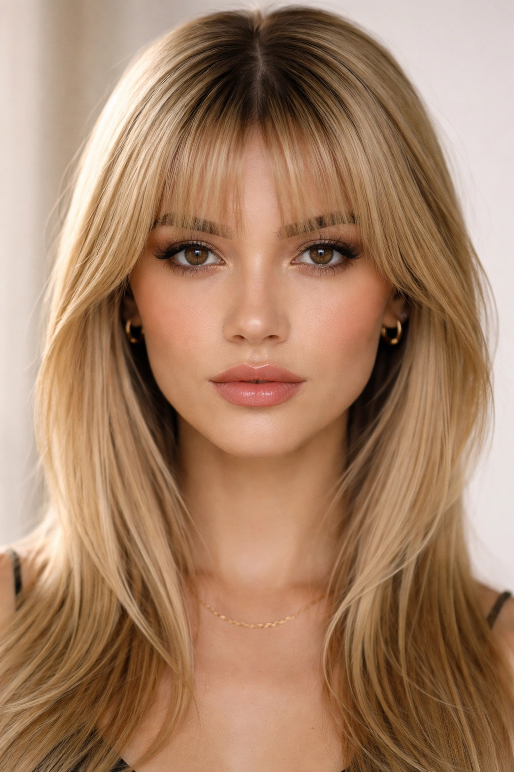 Close-up of micro curtain bangs just above the eyebrows with subtle texture.