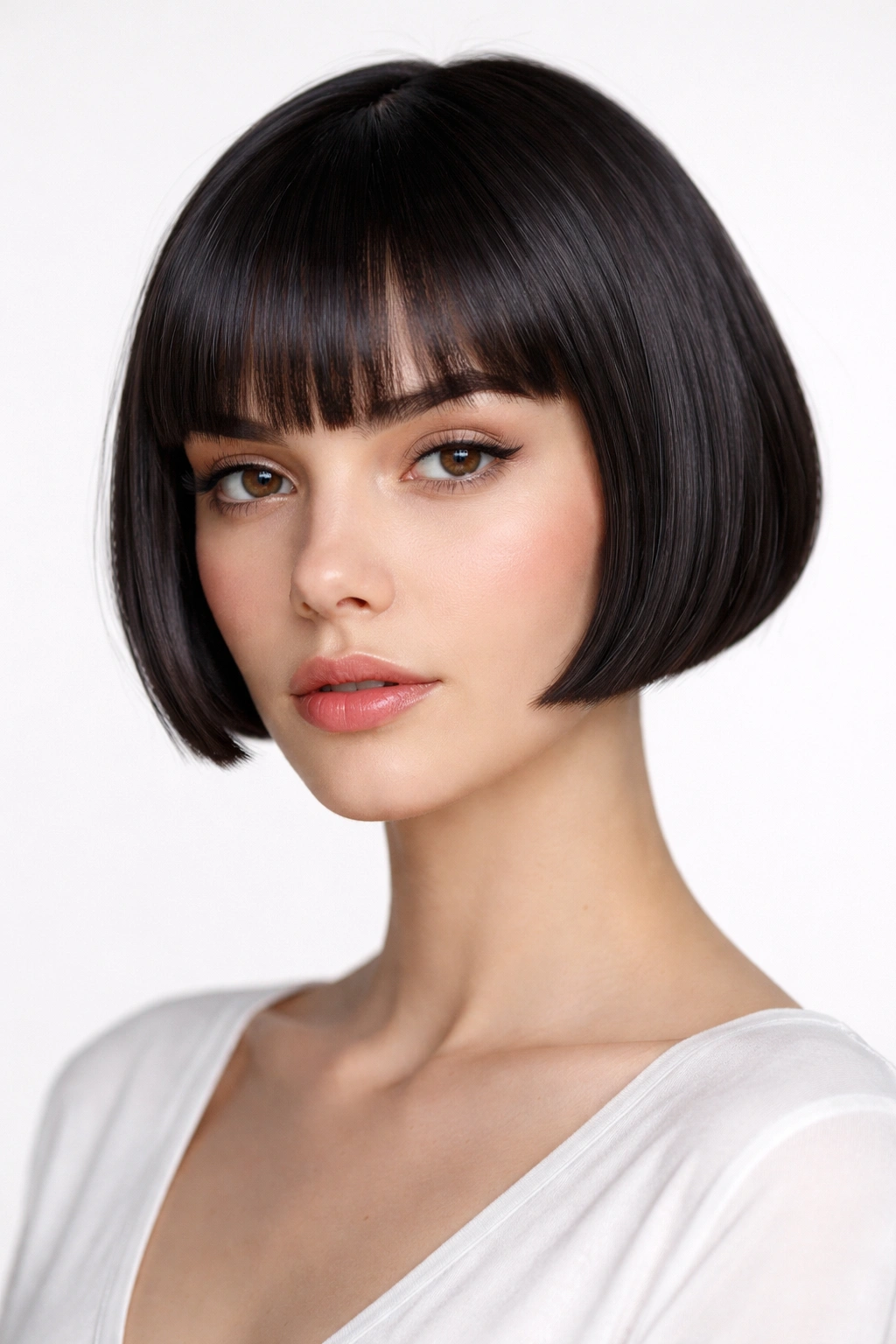 Ultra-short micro French bob ending at ears with sharp edges and high shine