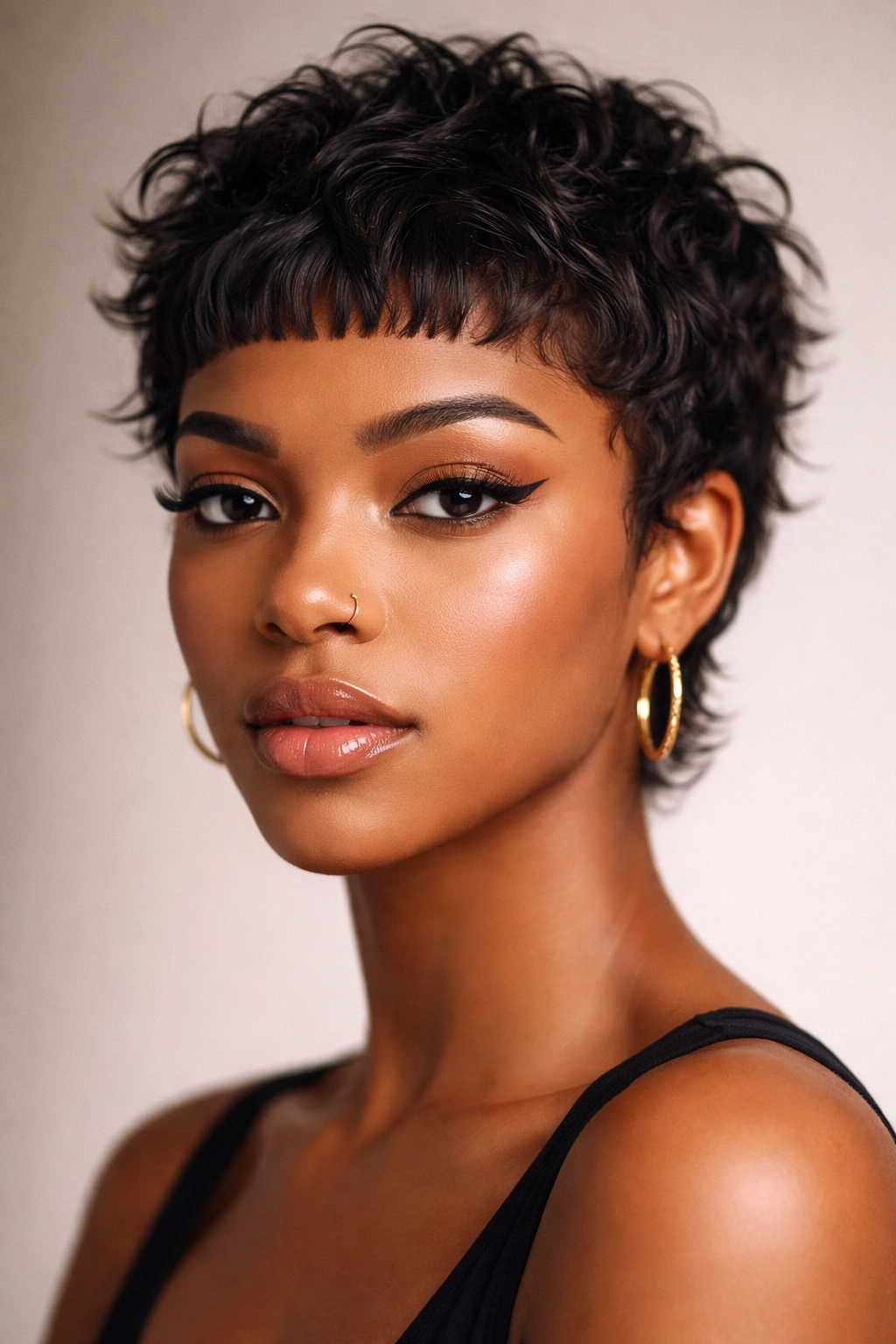 Close-up of a micro fringe with a short textured crop highlighting bold face framing