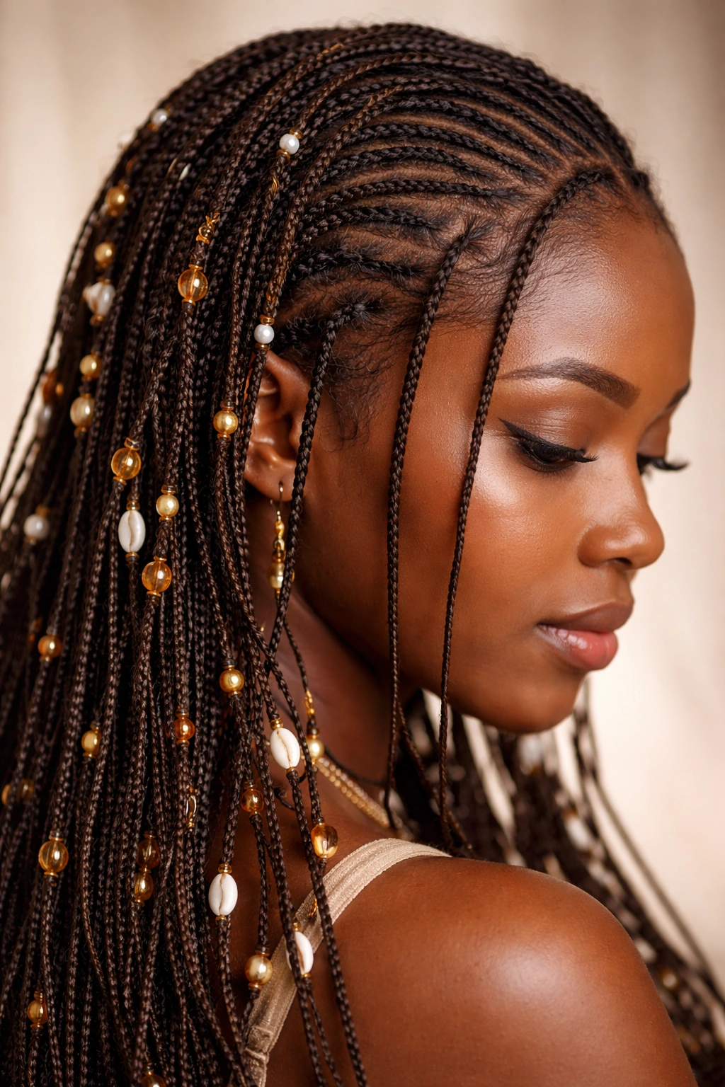 Macro close-up of tiny, micro Fulani twists with small beads
