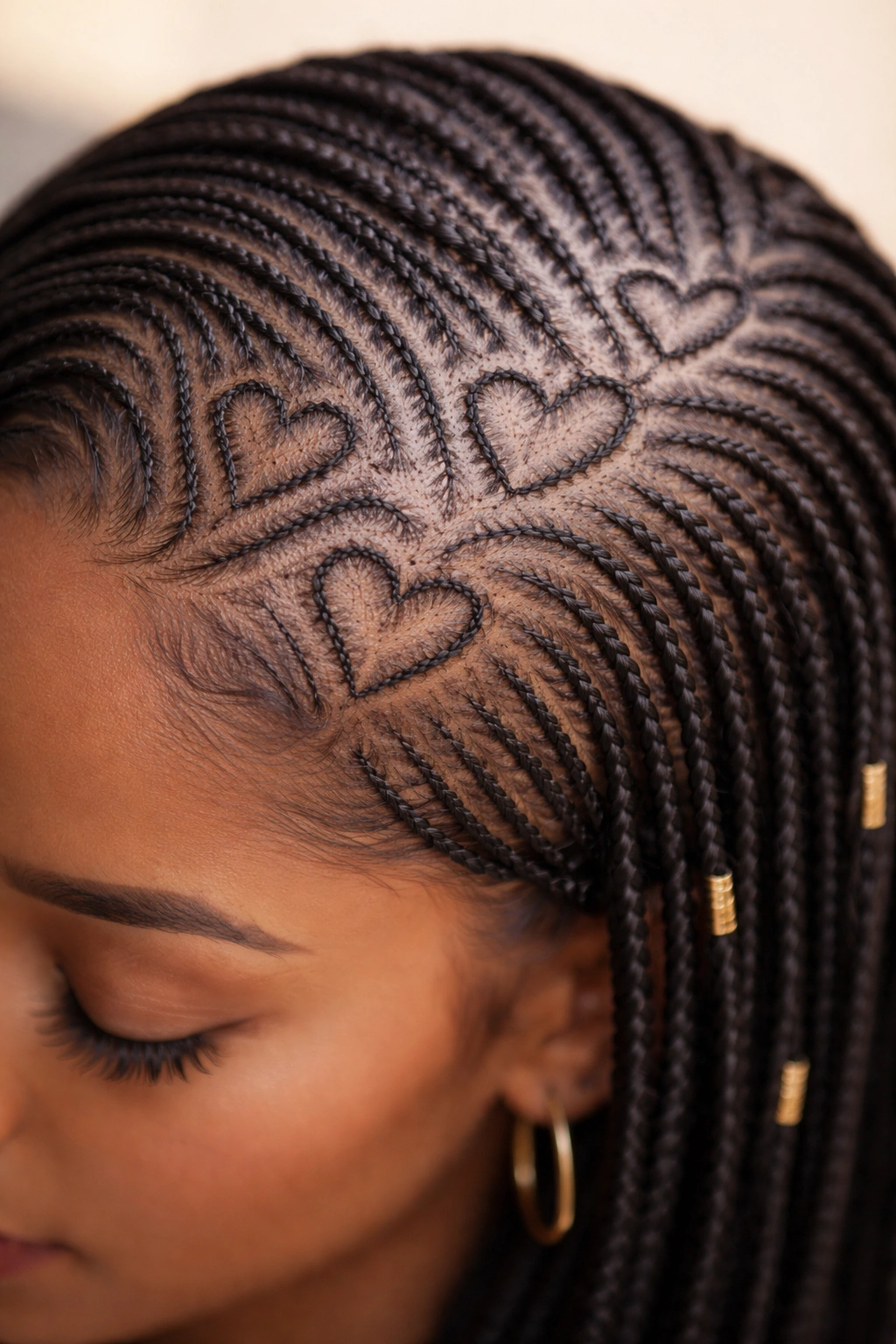 Close-up of micro heart cornrow pattern on scalp