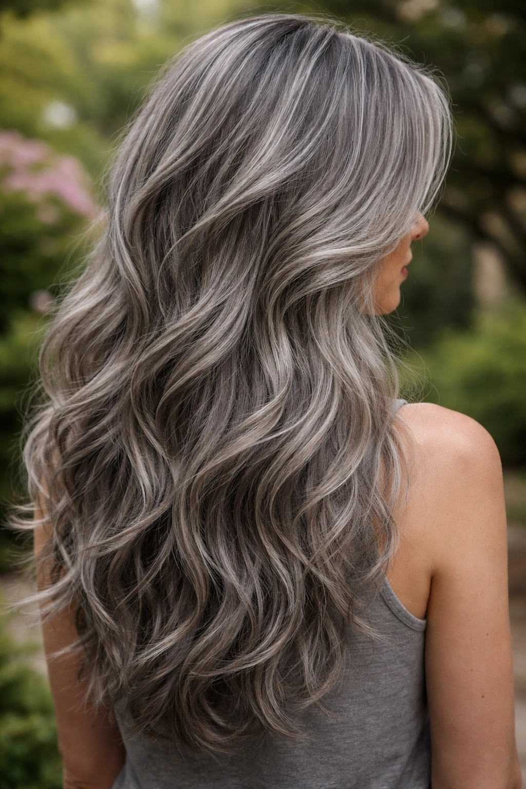 Close-up of long gray hair with micro-layered texture catching natural light.