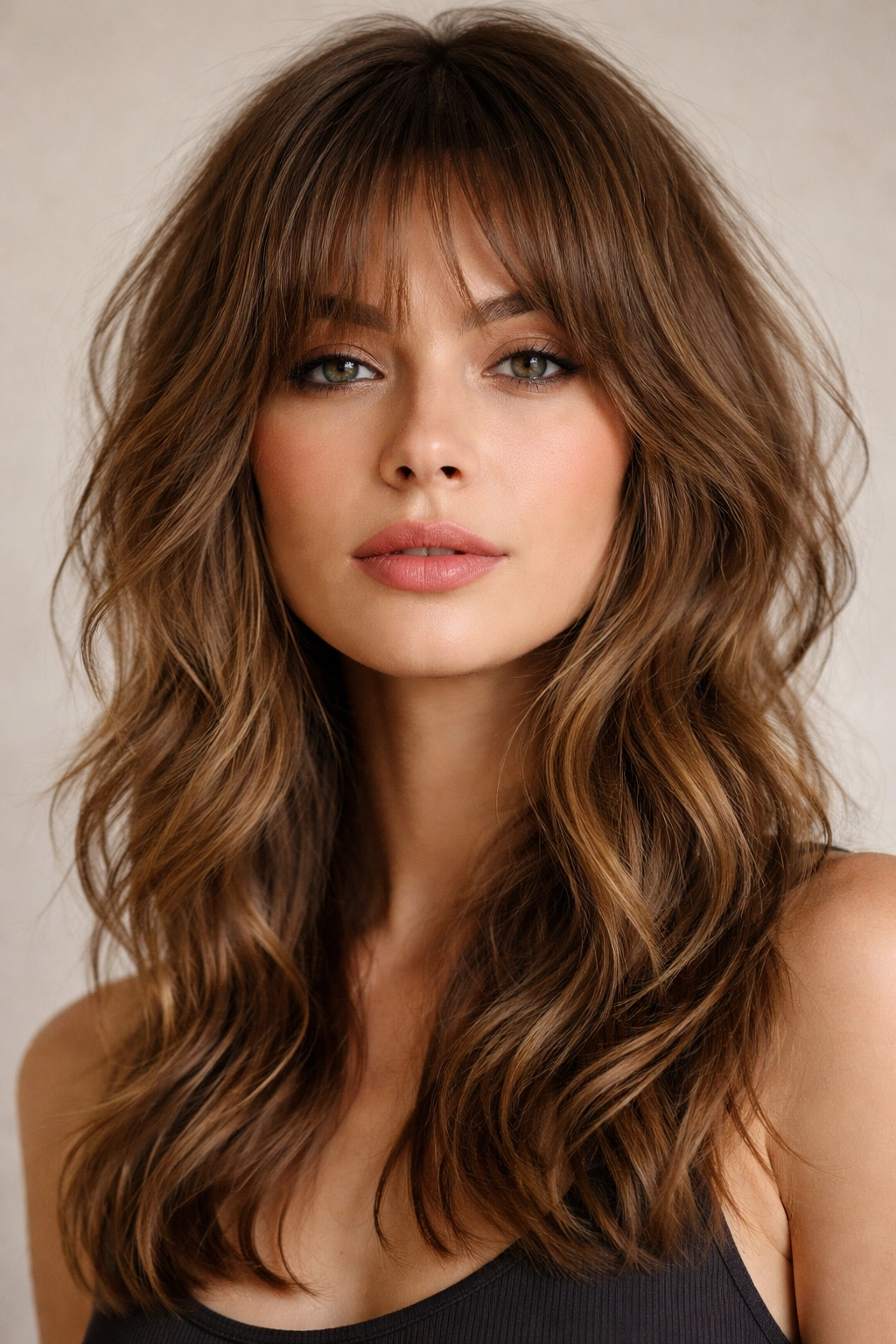 Close-up portrait of shoulder-length micro shag hair with textured layers and waves