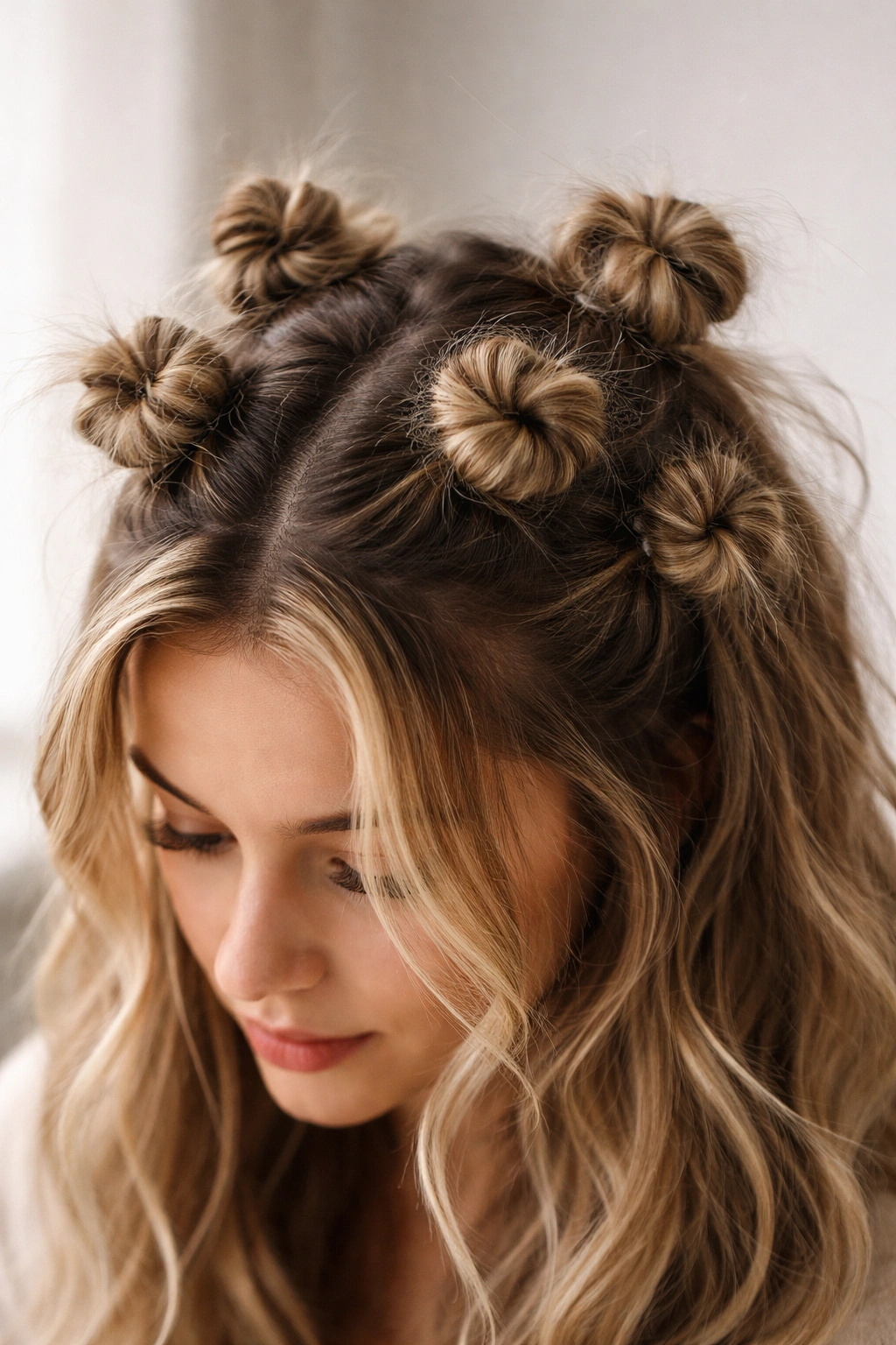 Close-up of a crown with 4-6 tiny space buns scattered across the top, with teased texture and loose strands.