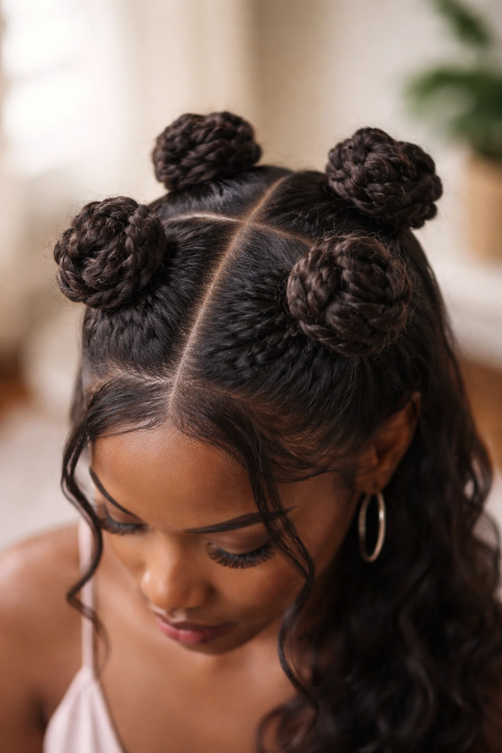 Four micro space buns arranged in a two-by-two pattern on the crown