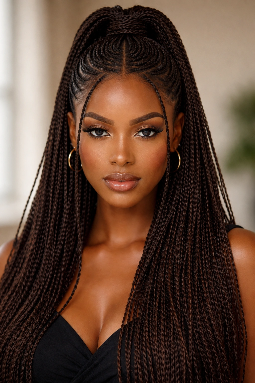 Micro twists half-up with center part drama showing architectural silhouette