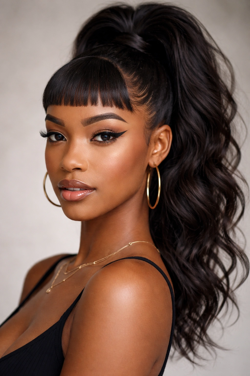 Person with microbangs and a voluminous high ponytail