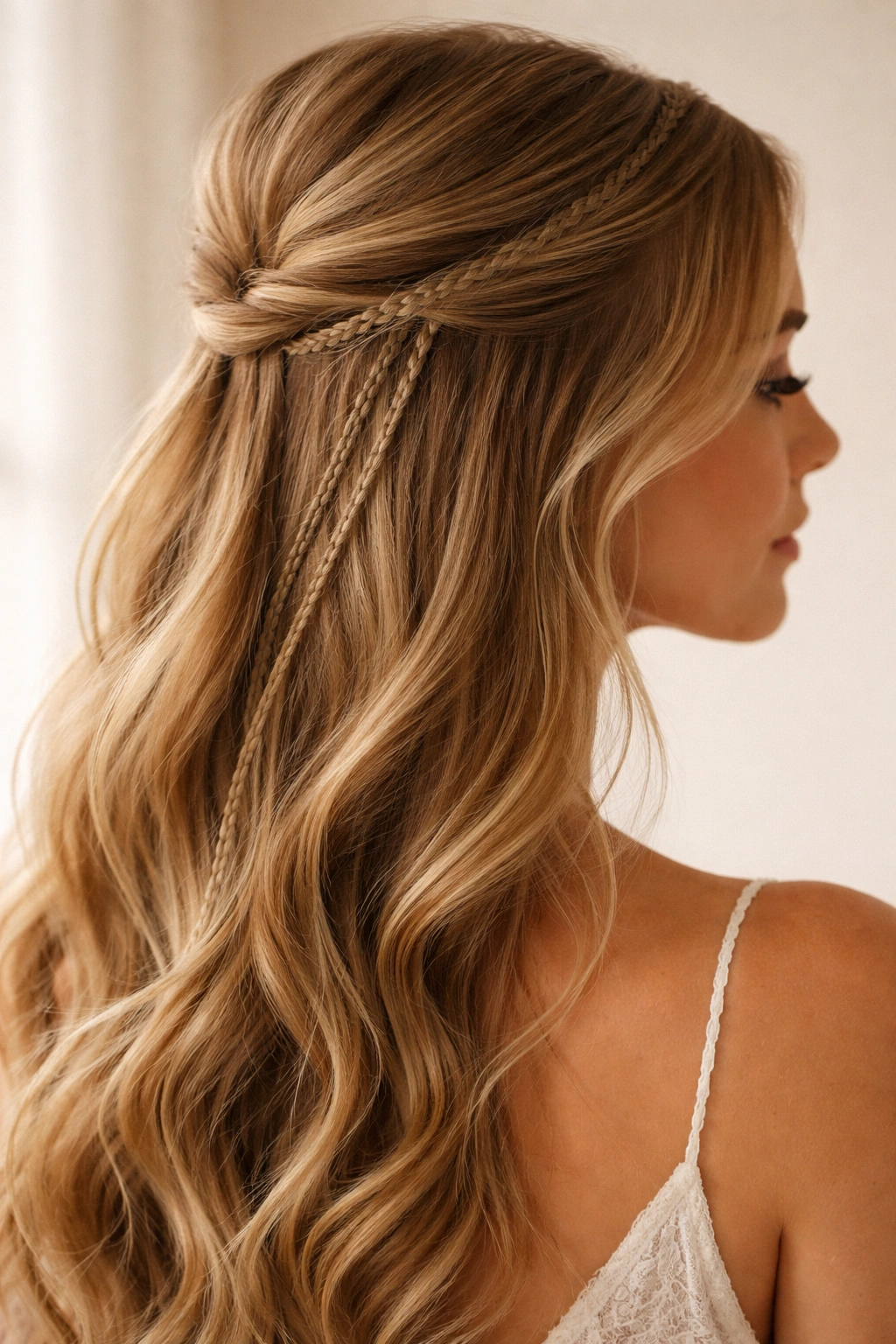 Close-up of a bridal half-up hairstyle with scattered microbraids for texture