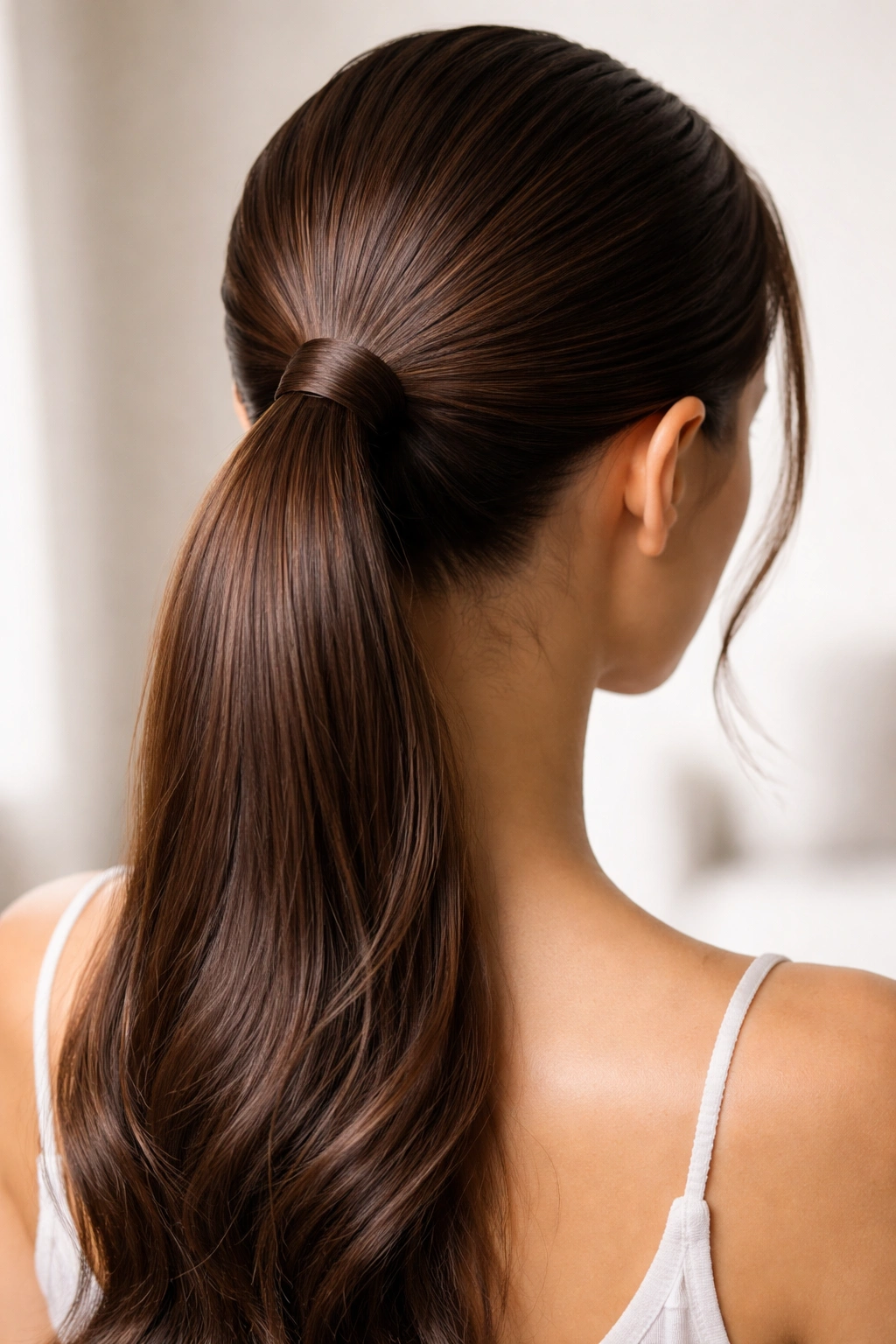 Close-up of a seamless mid-frontal ponytail with hidden elastic and smoothed flyaways