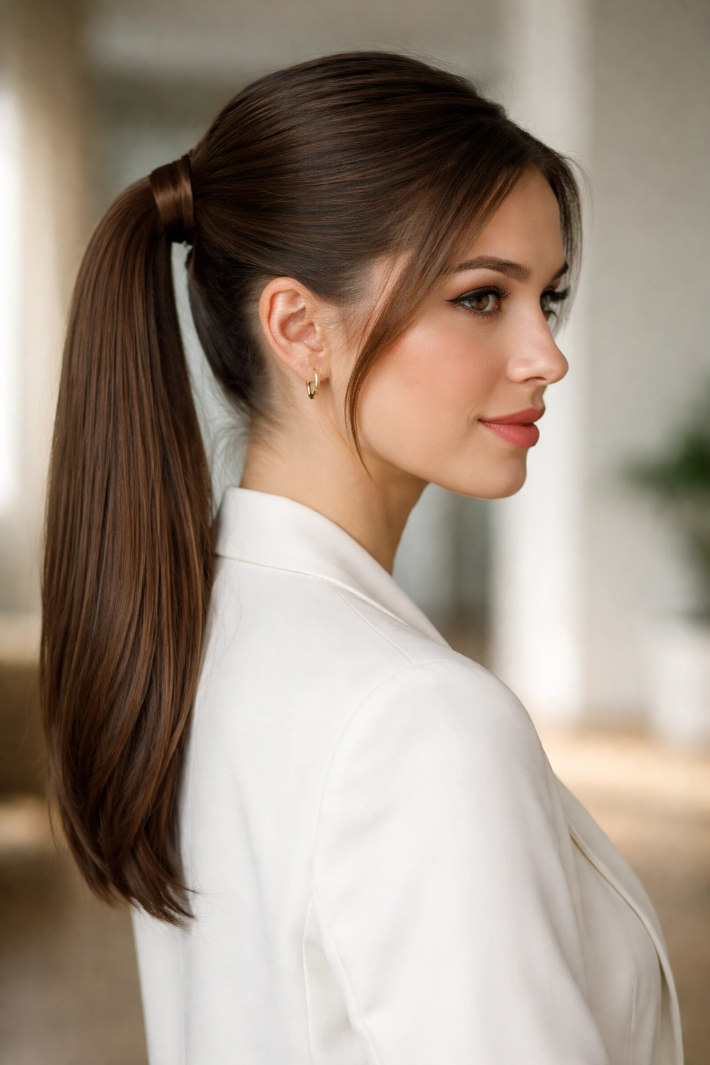 Mid-height ponytail about two inches above the ear with wrapped base.