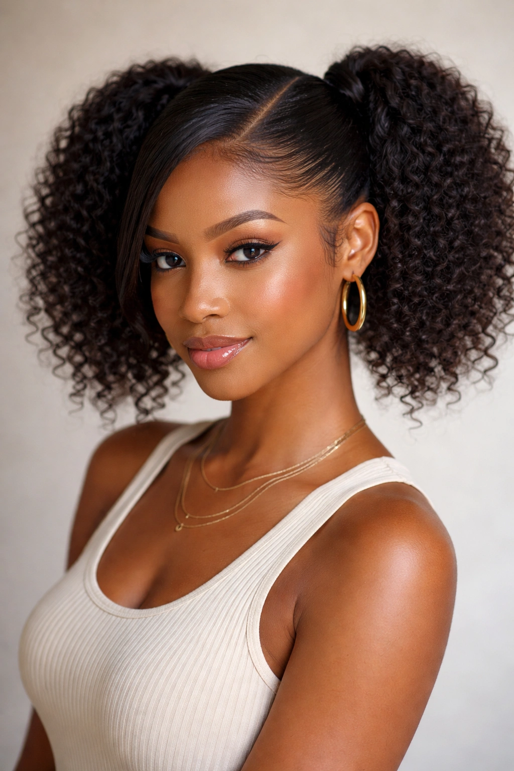 Mid-height double ponytails with a deep side part
