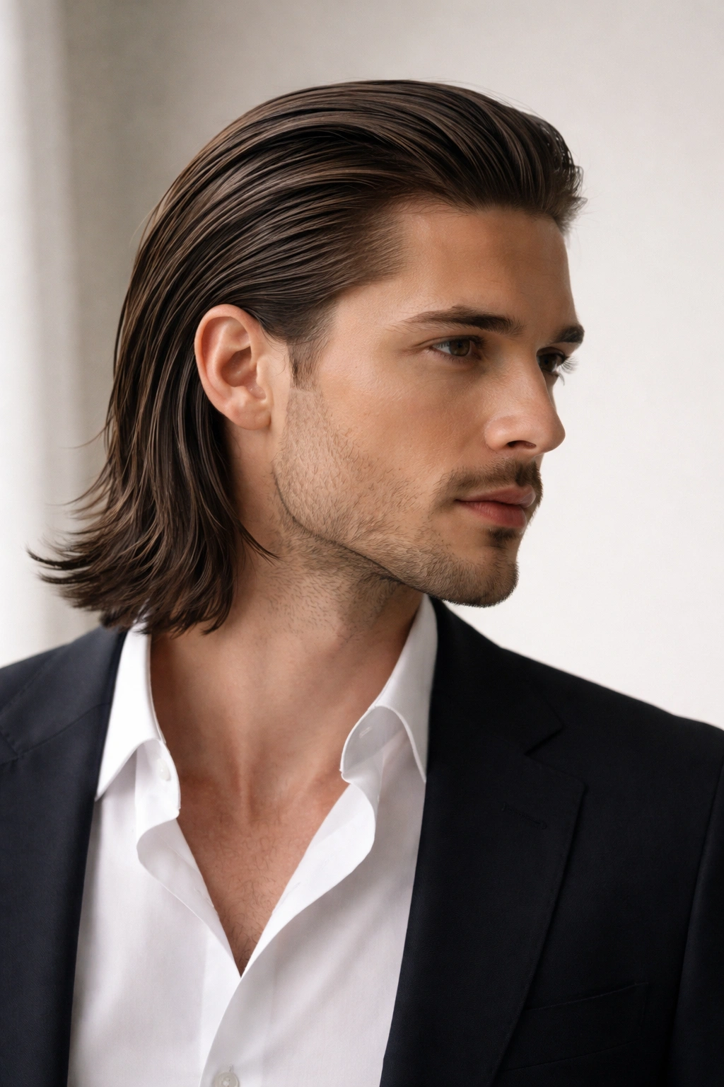Mid-length straight hair slicked back showing smooth texture and length