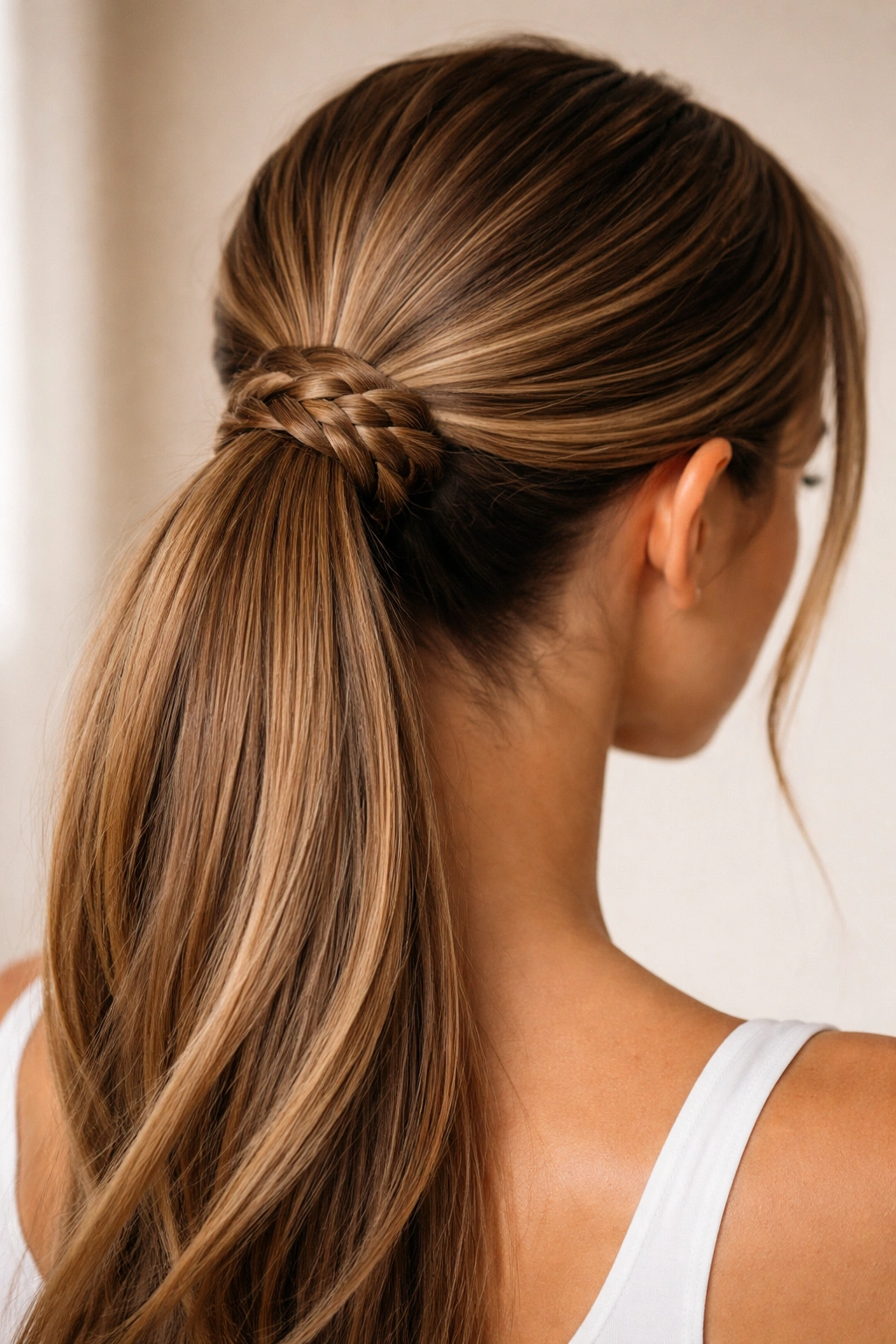 Mid-weave braided wrap around the base of the ponytail.