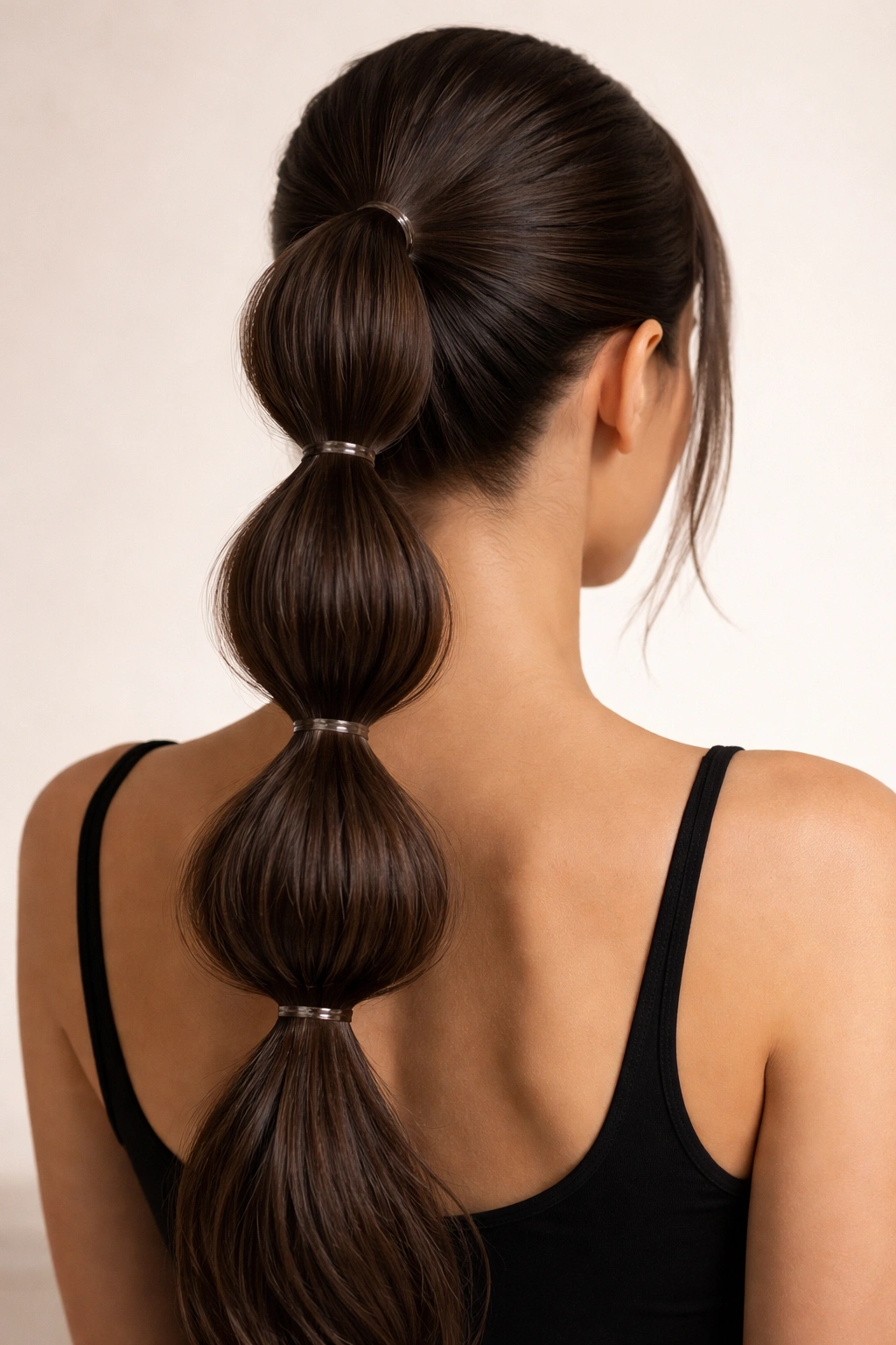 Mid-weave bubble ponytail showing multiple sections separated by small elastics.