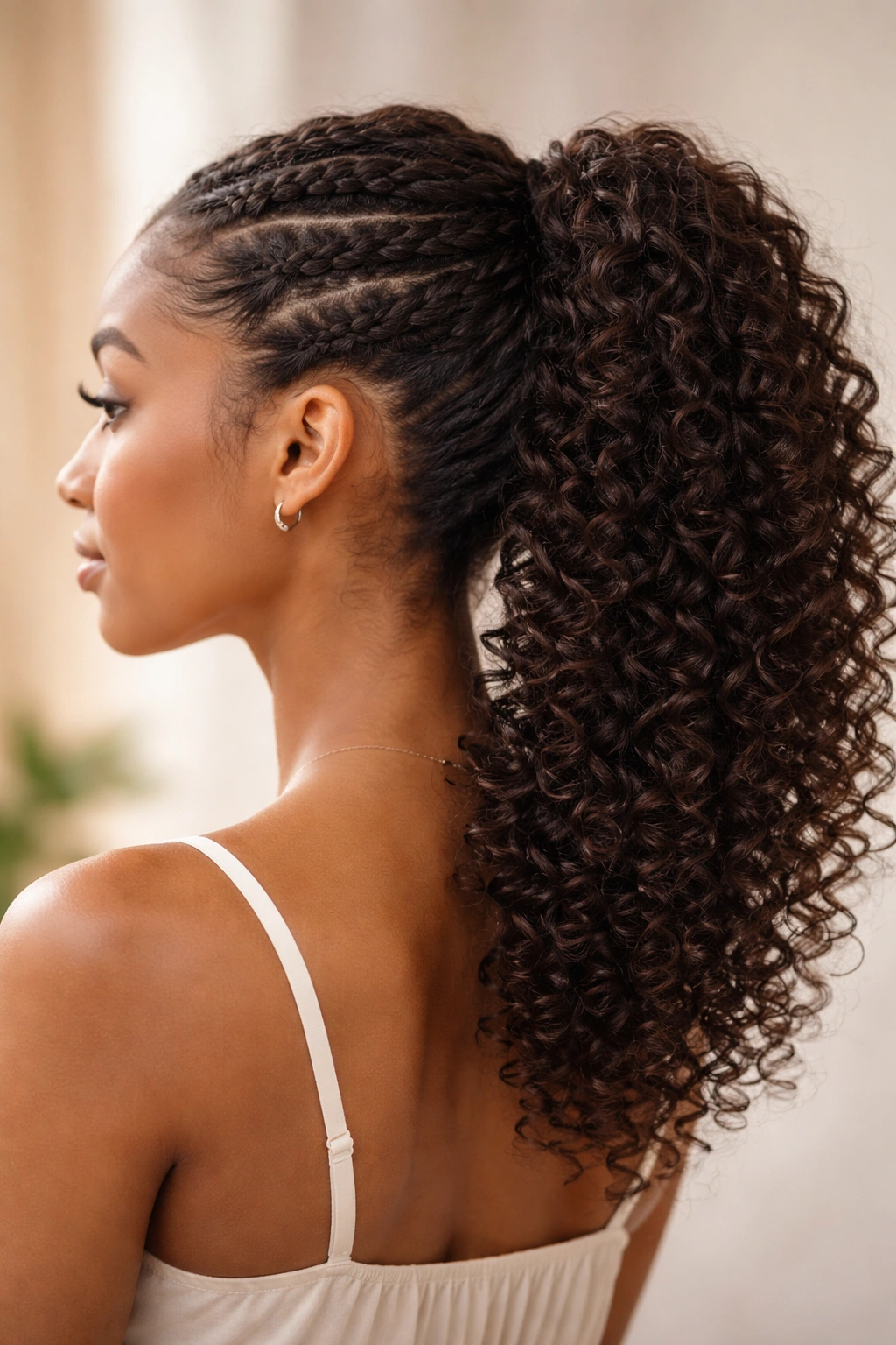 Close-up of a curly mid weave ponytail showing braided anchors