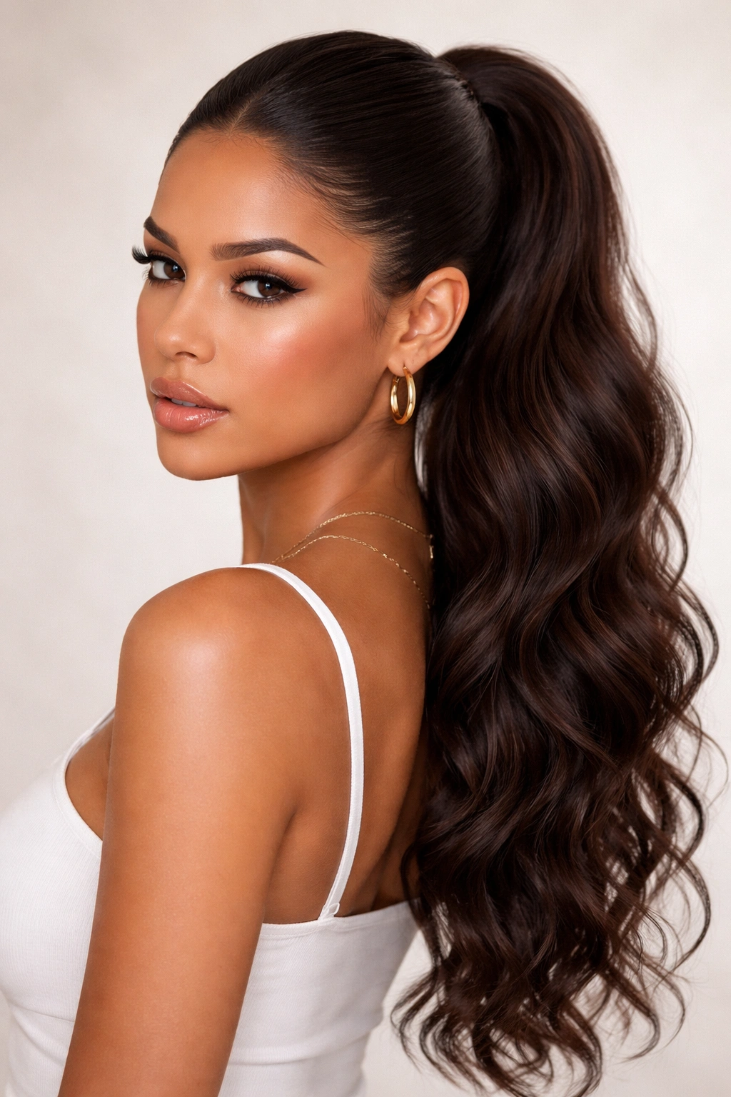 Half-up pony with sleek top and textured bottom ponytail