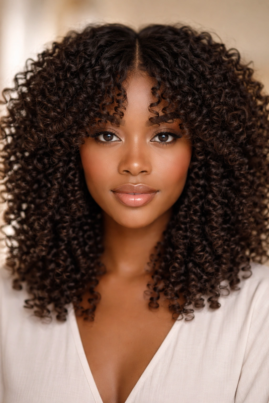Frontal close-up of middle-part bangs sweeping to the sides