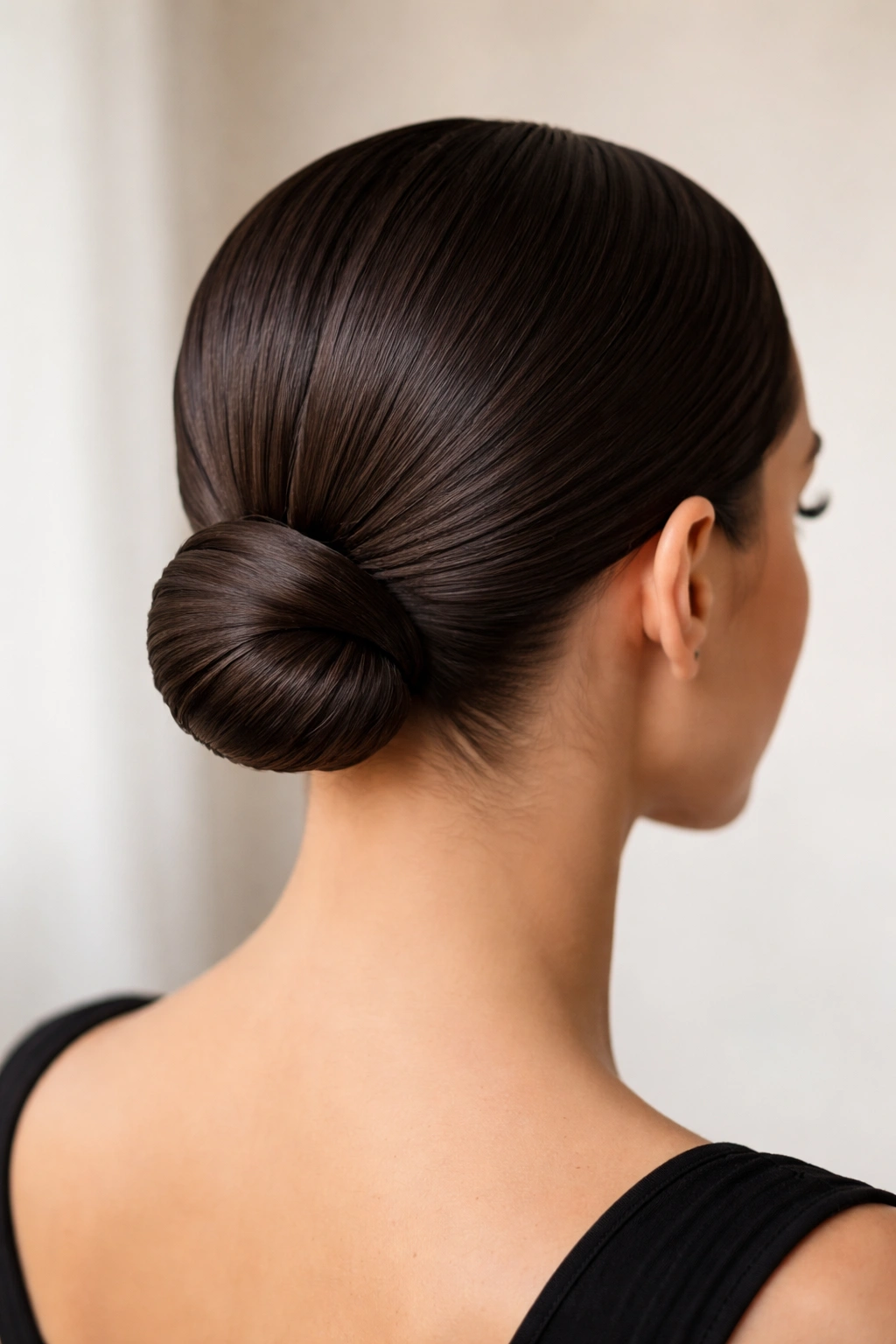 Sleek middle-part transitioning into a flat graphic bun at the nape