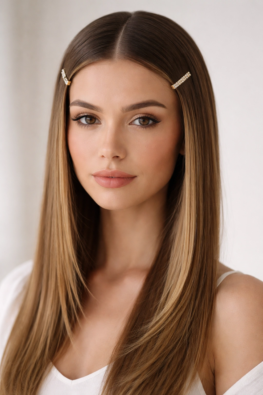 Front view of middle-parted hair with two small clips at the temples