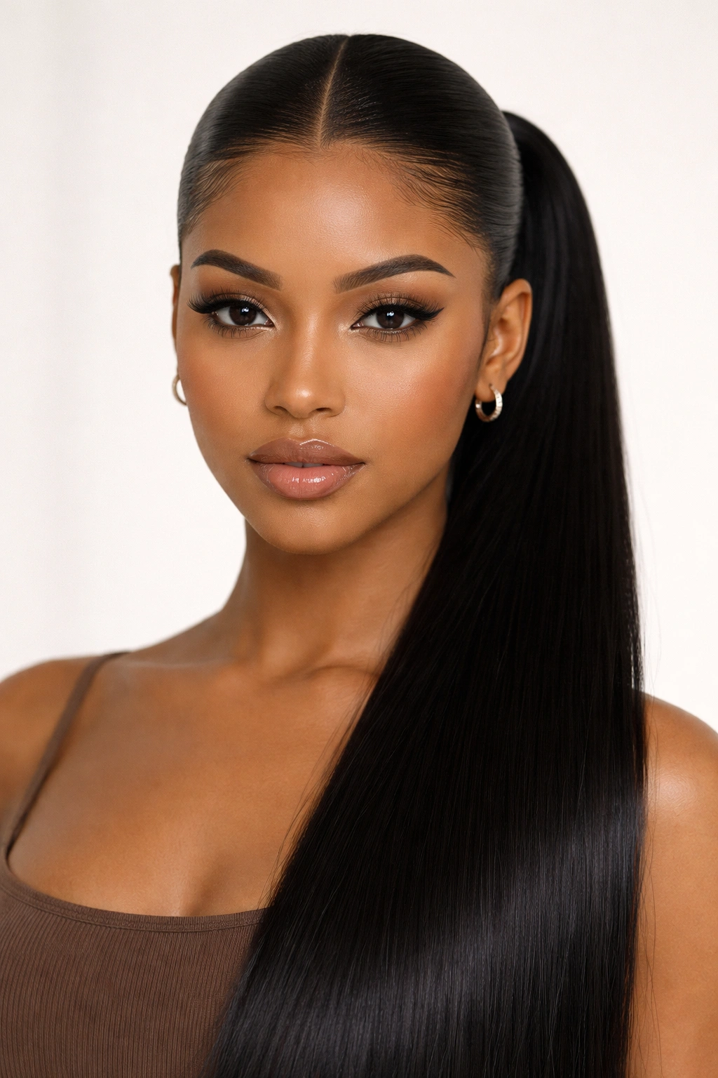 Front view of a sleek middle-part ponytail with symmetric sections and slicked edges