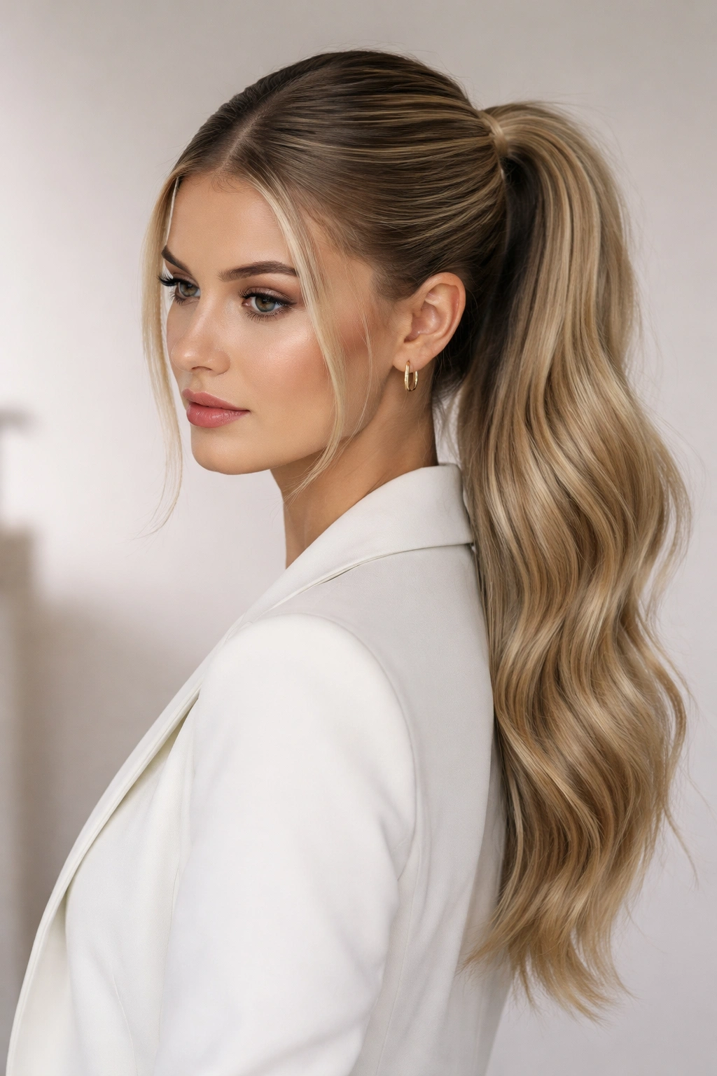 Close-up of textured middle-part ponytail with subtle waves on straight hair in studio lighting