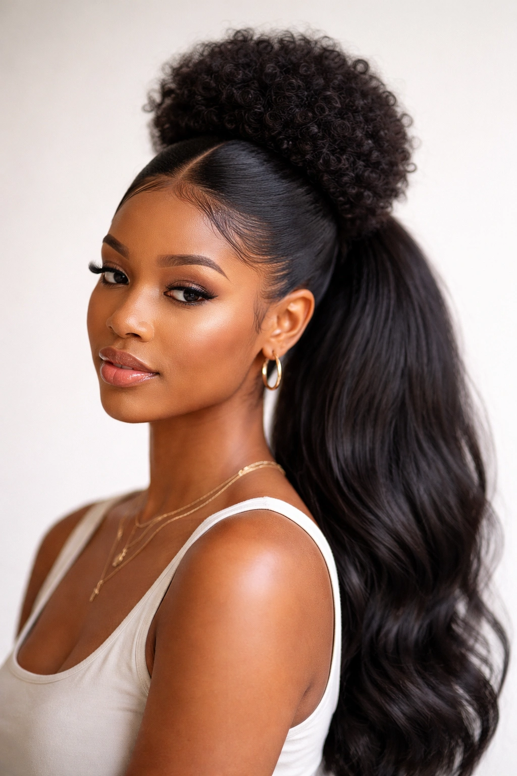 Close-up of middle-part ponytail with a voluminous puff crown on top