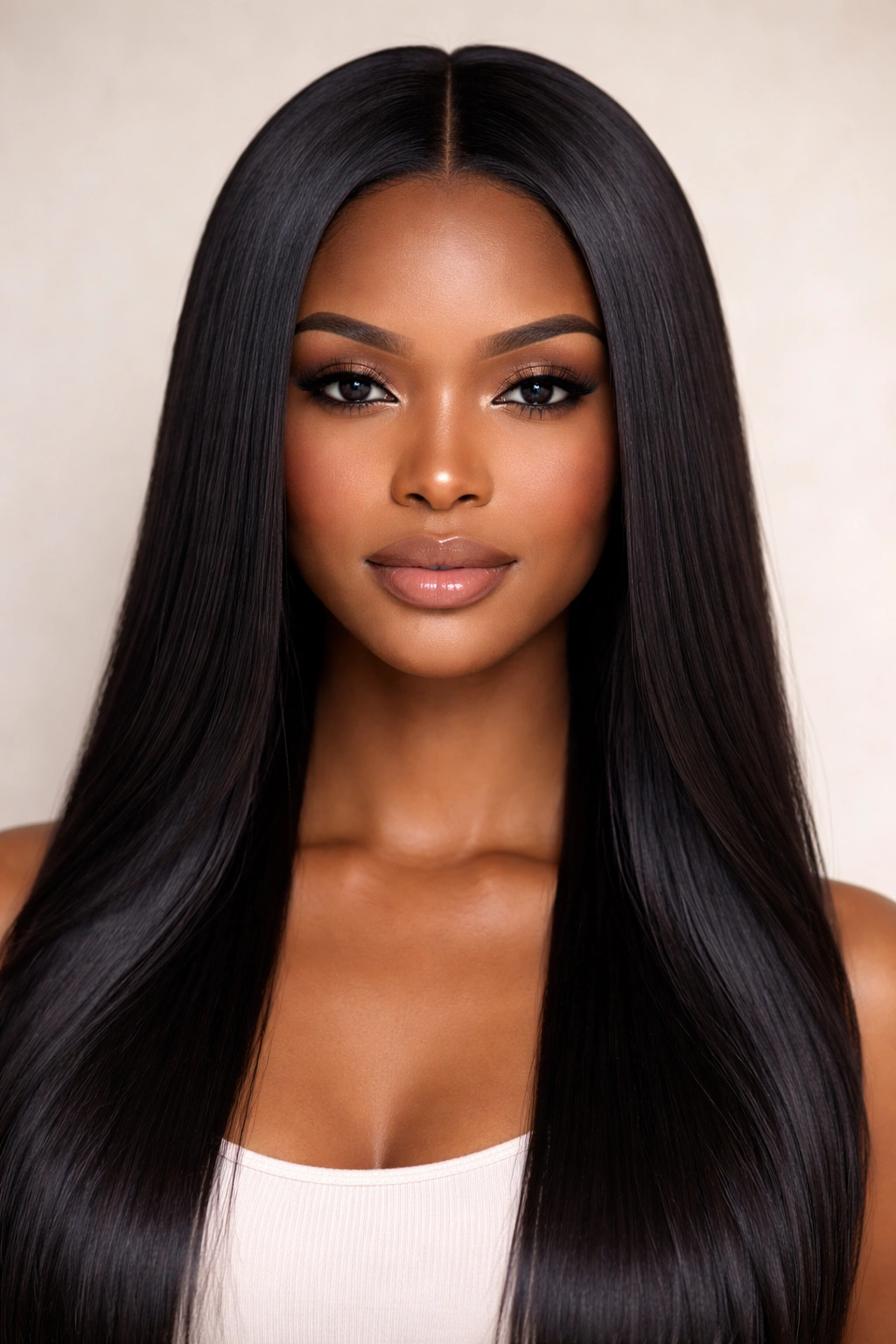 Middle-part sleek straight hair with perfect symmetry