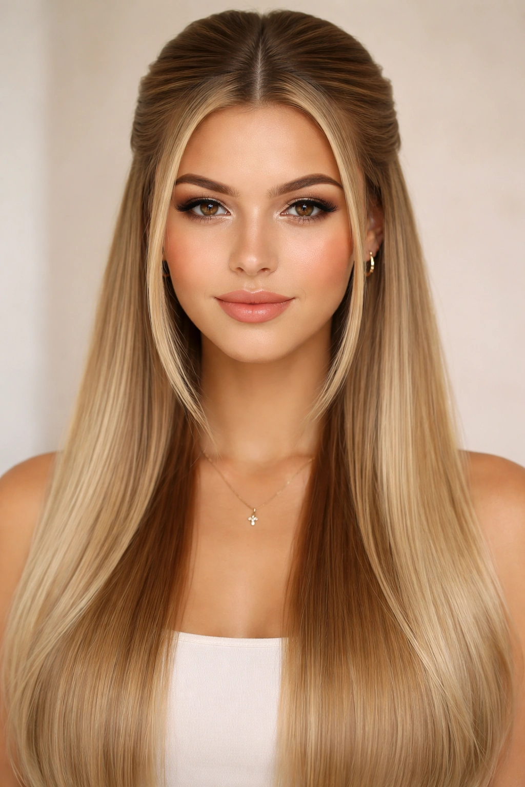 Symmetrical middle-parted half-up hairstyle on long straight hair