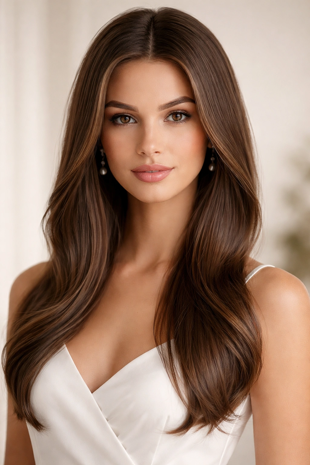Center-part hairstyle with crown lift and subtle waves