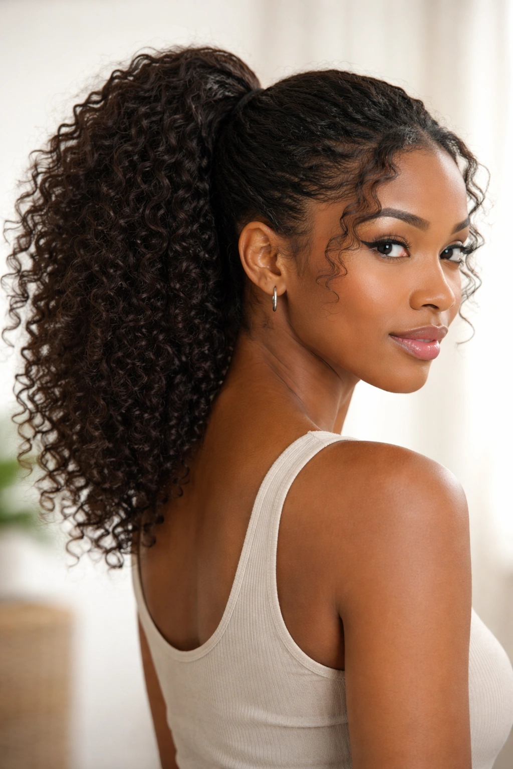 Textured middle drawstring pony showing natural curl texture at mid-head height