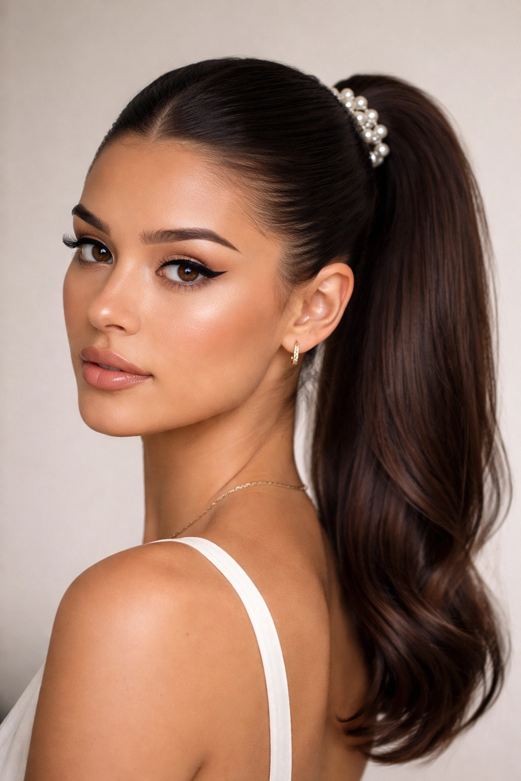 Mid frontal ponytail with pearl hair clips at the base
