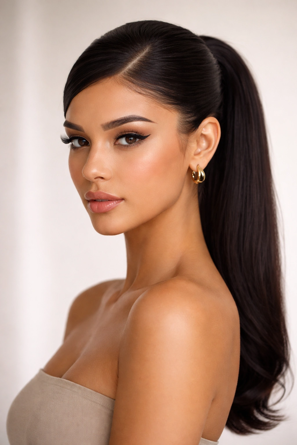 Close-up of a mid frontal ponytail with a sleek side part and smooth hair