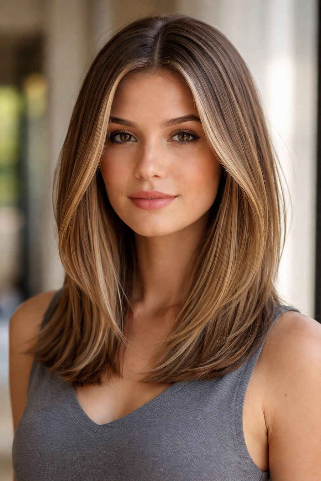 Center-parted lob with soft, subtle layers and smooth texture
