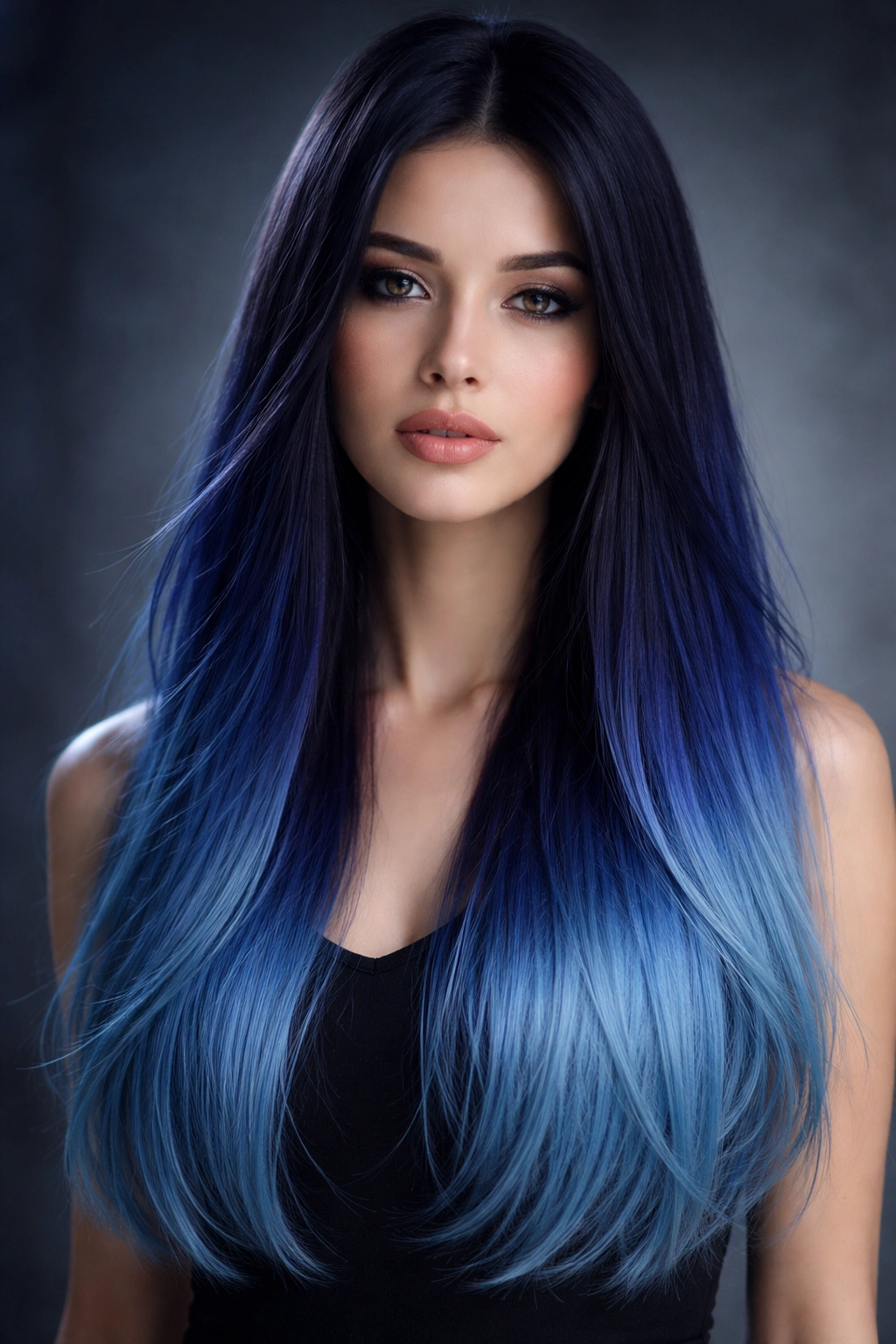 Straight hair with midnight blue to indigo ombre in vivid blue tones