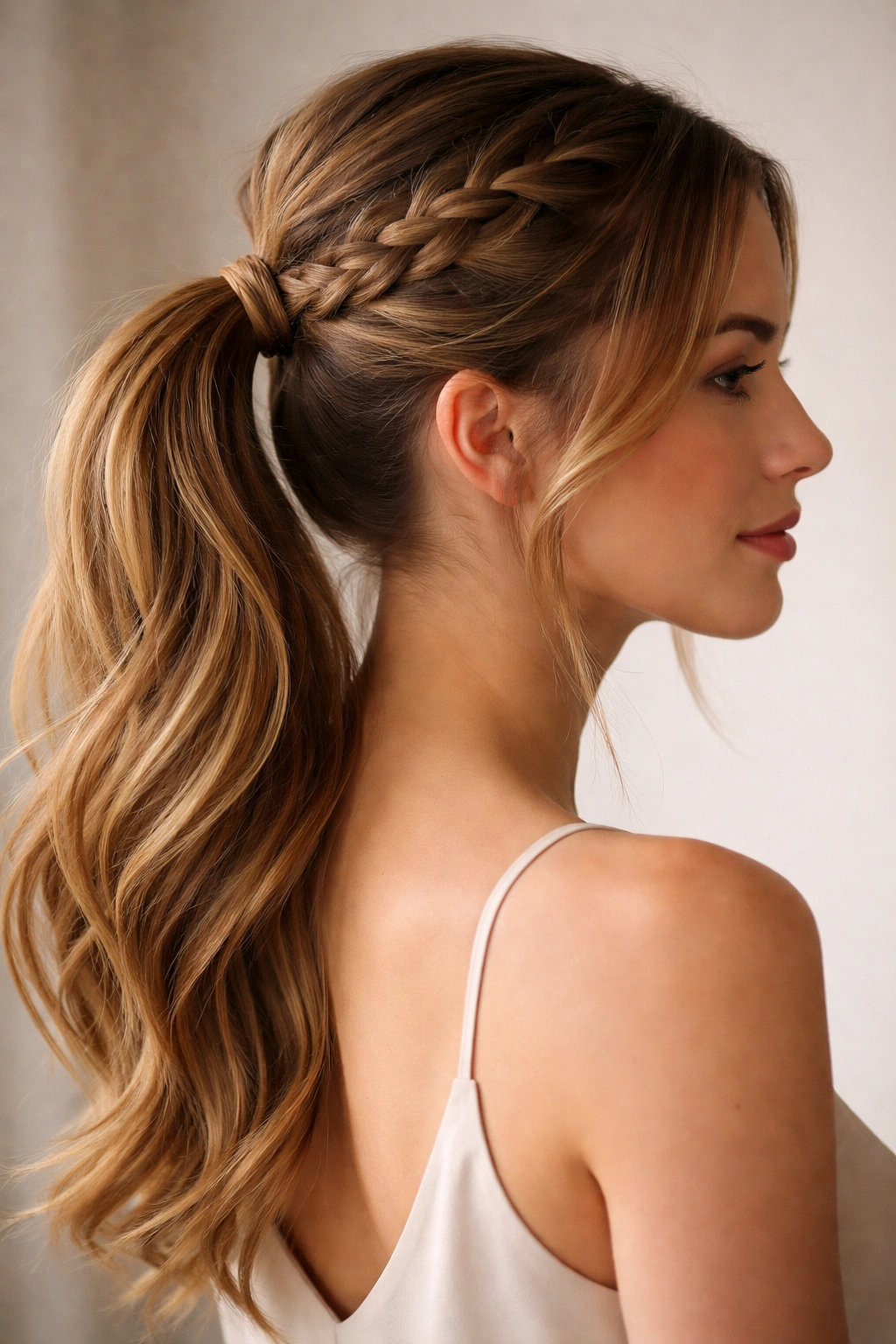 Mid ponytail with soft braided crown blending into the ponytail