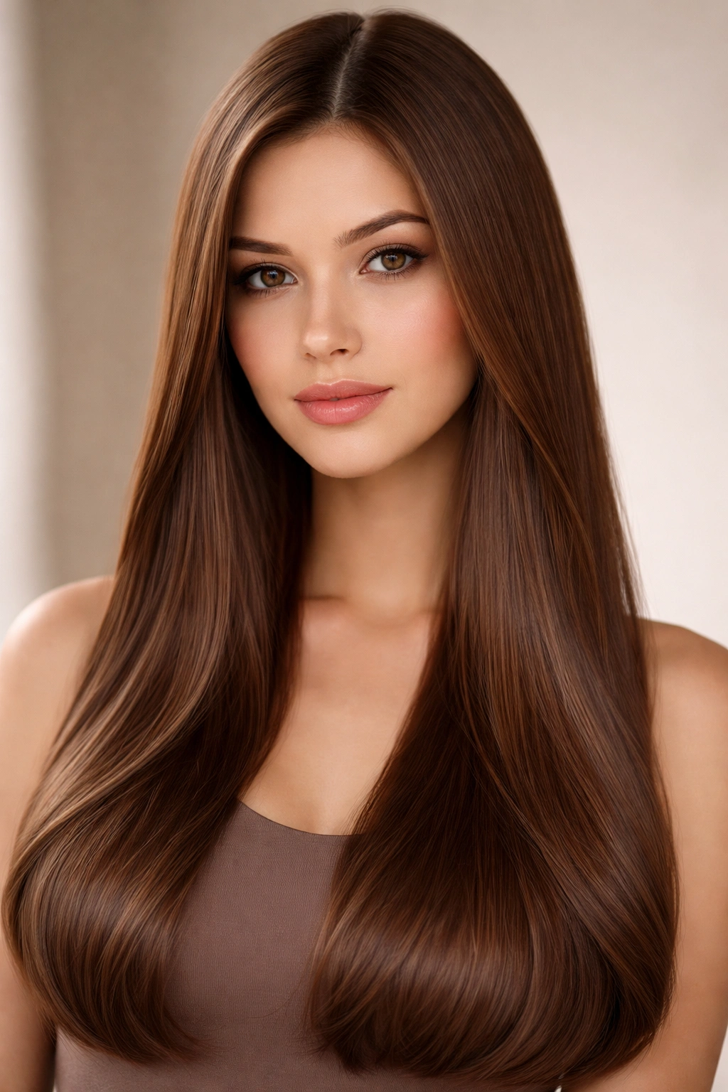 Milk chocolate brown hair on straight hair with smooth, even color
