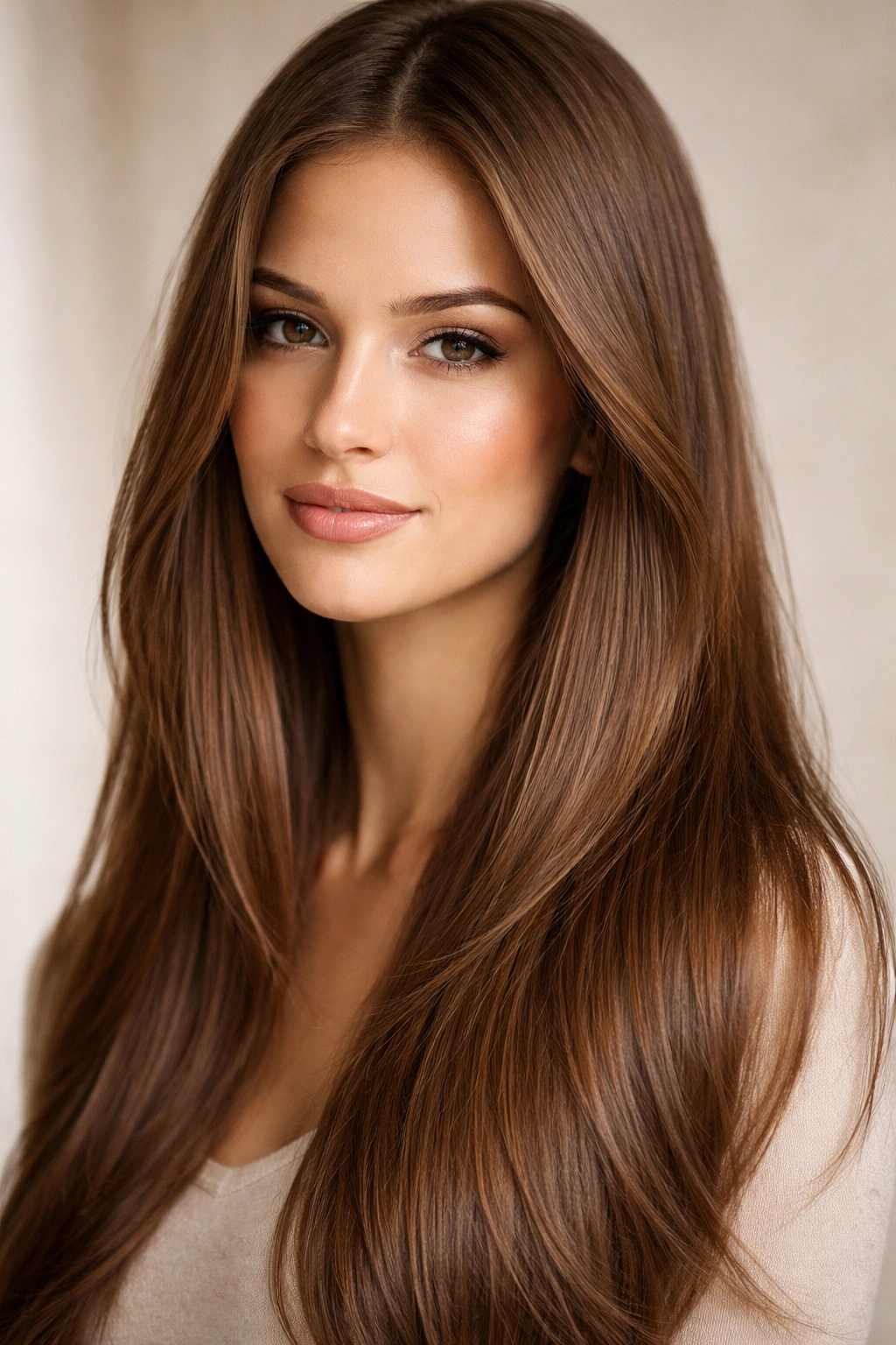 Close-up of straight hair in milk chocolate brown with creamy warmth