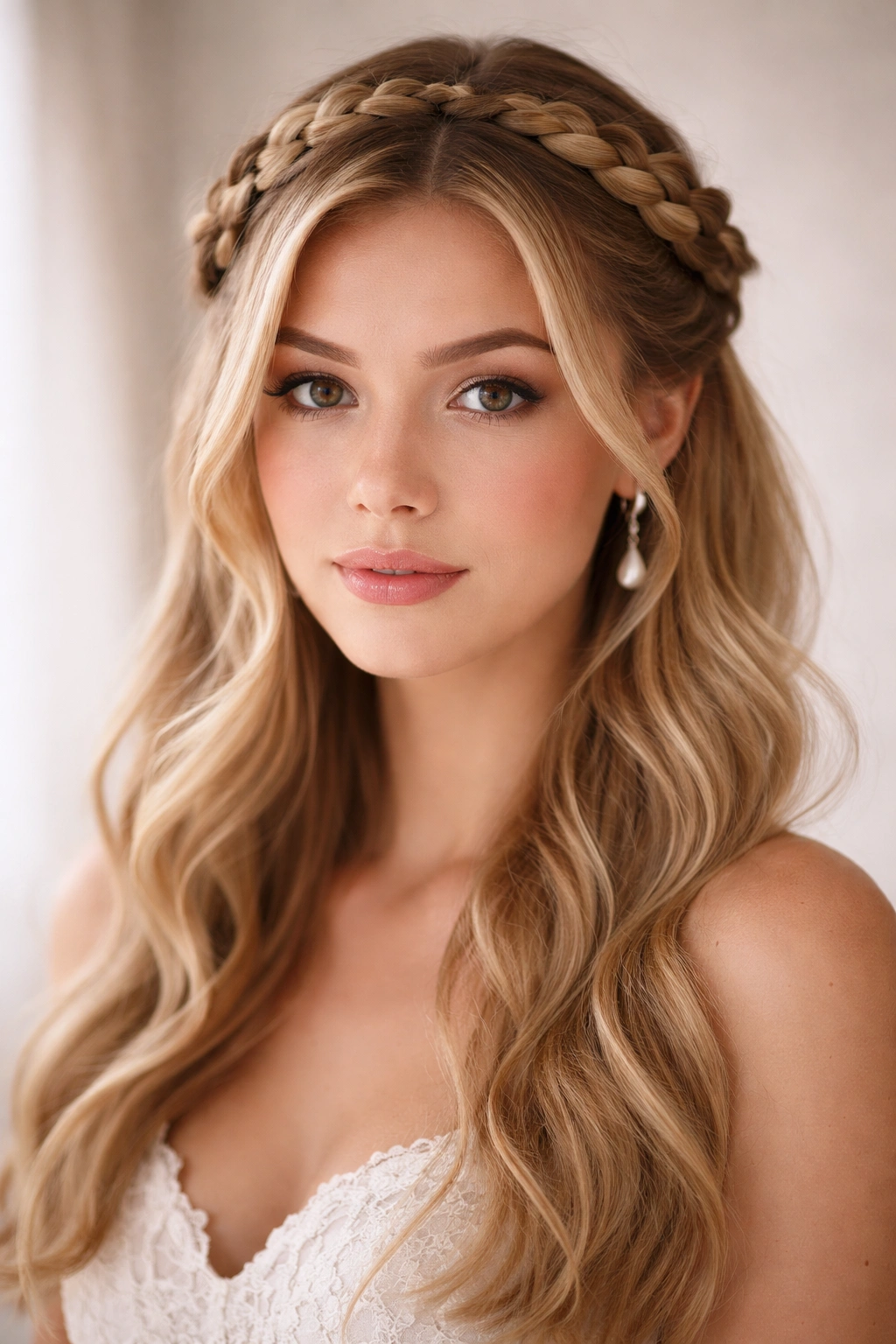 Frontal portrait of milkmaid braids forming a crown around the head