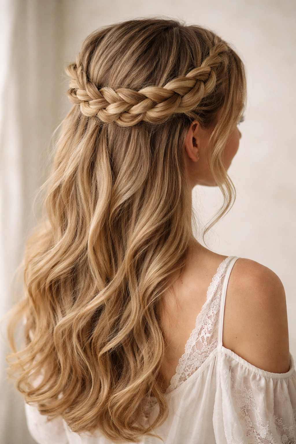 Milkmaid crown braid half-up with loose hair for a romantic look