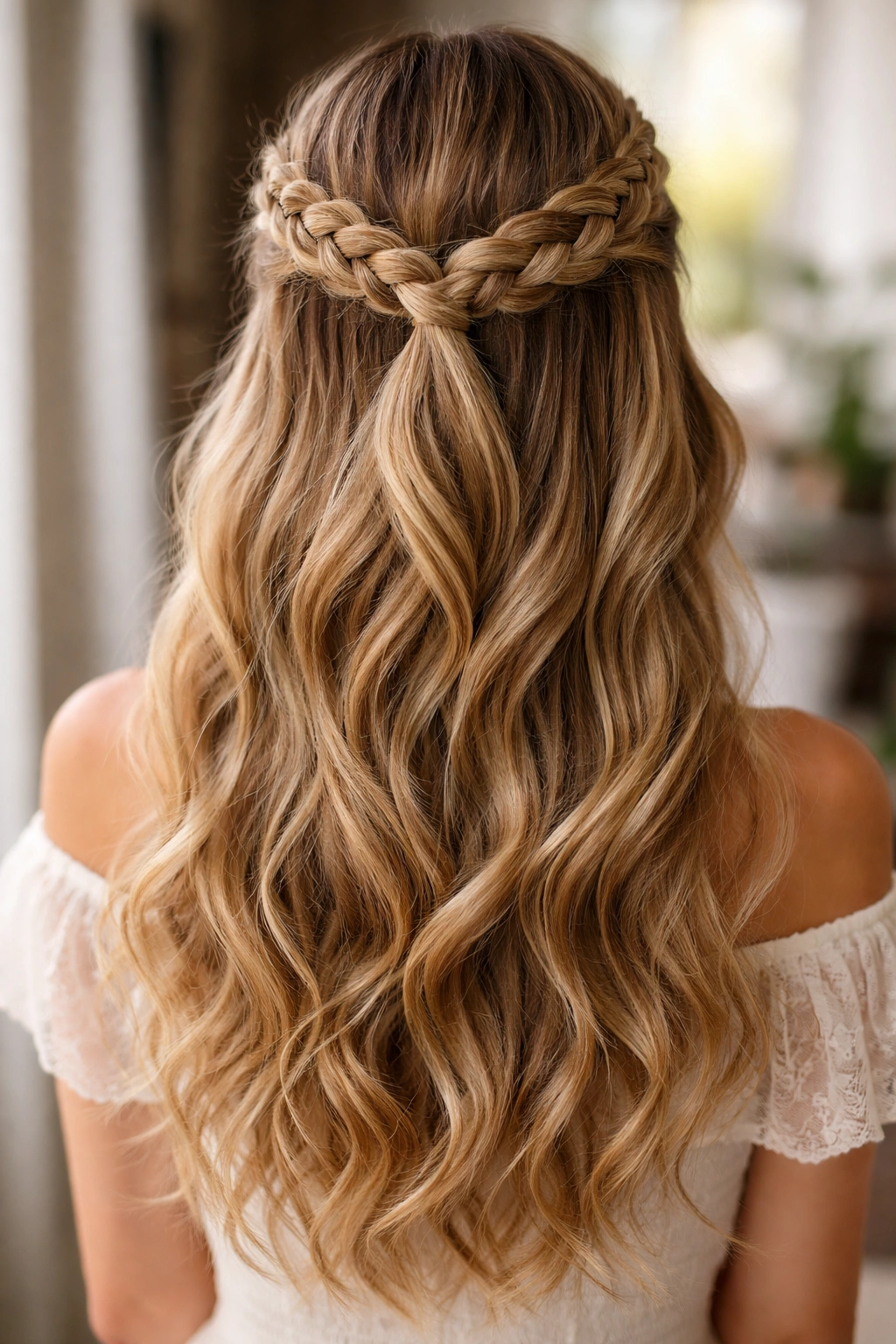 Symmetrical milkmaid braids meeting at the crown with loose waves below.