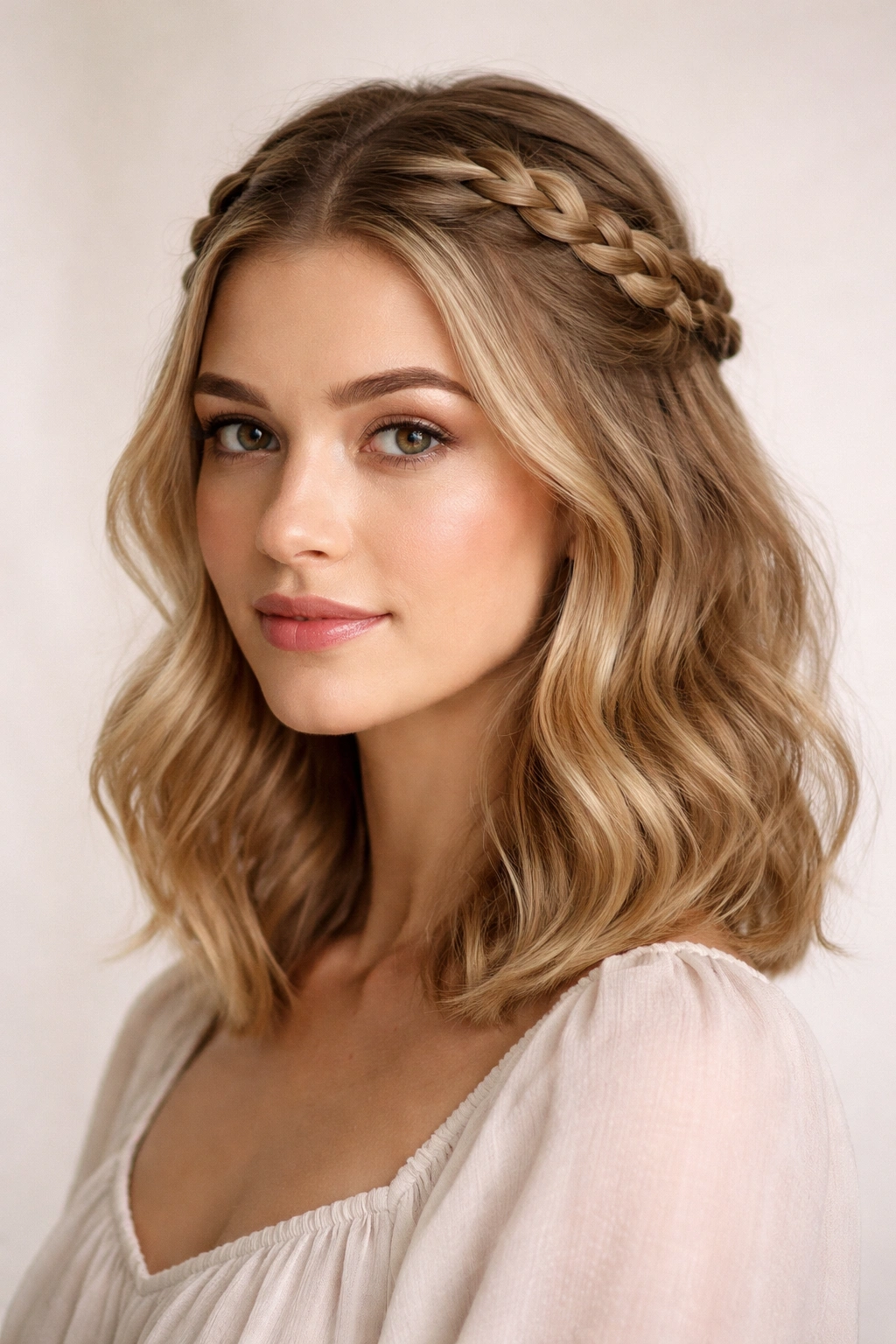 Milkmaid braids half up hairstyle starting at temples wrapping to the back