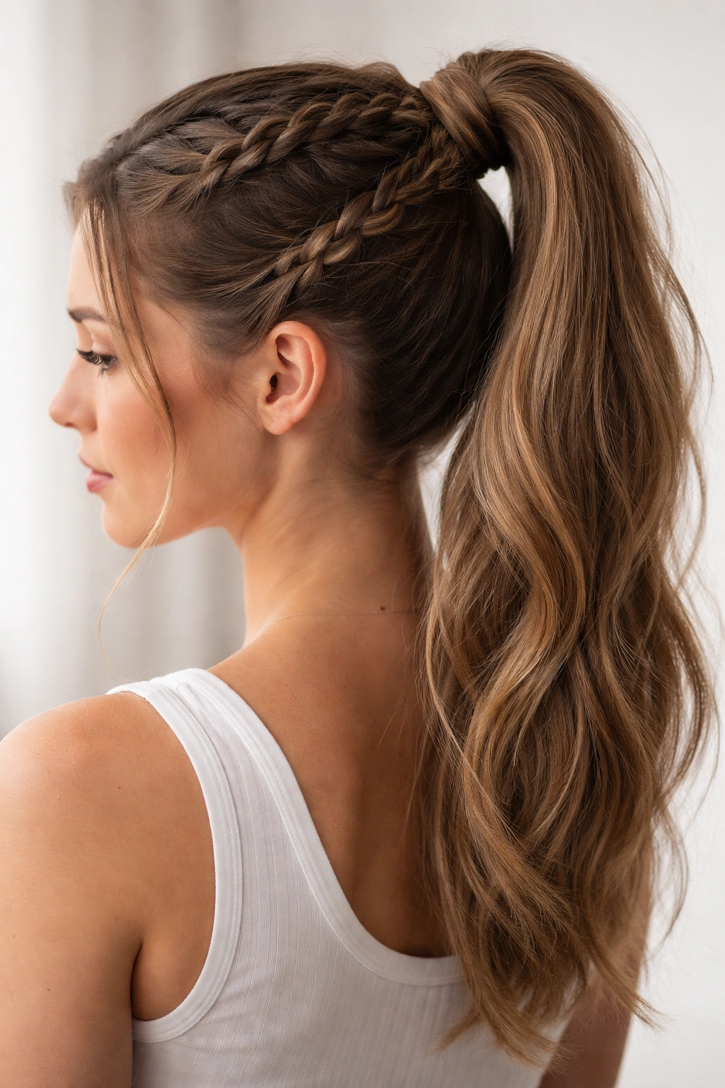 Close-up of milkmaid braids meeting into a high ponytail