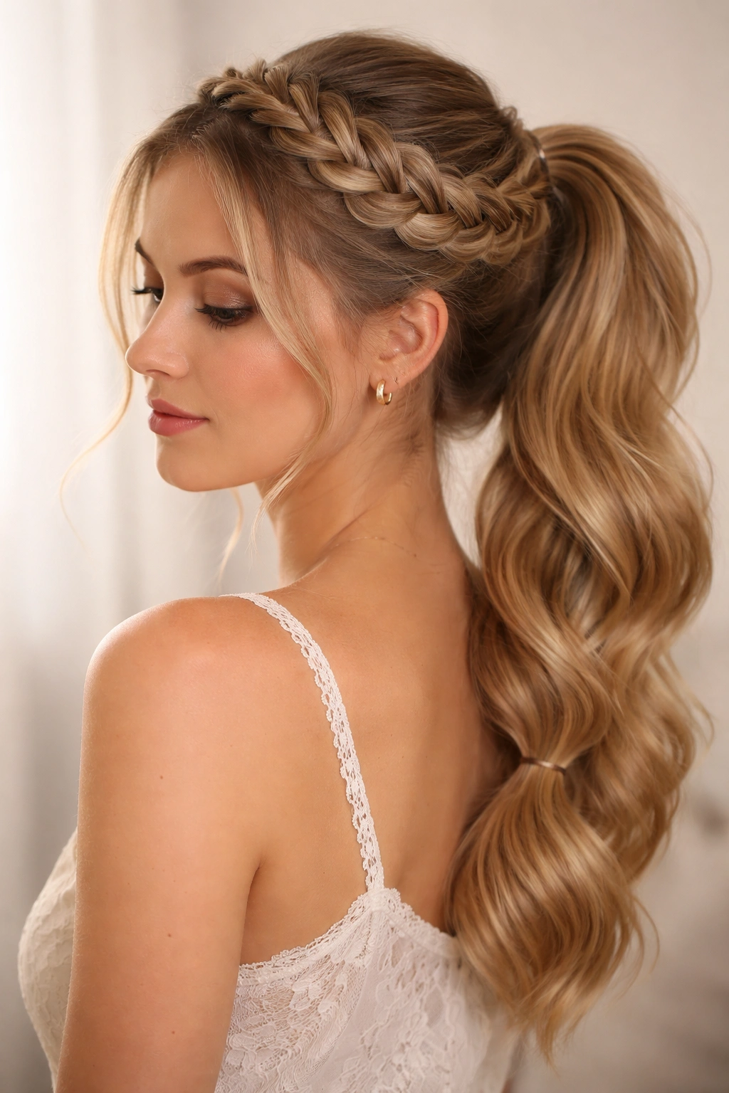 Milkmaid Braided Ponytail with open lace braid around crown