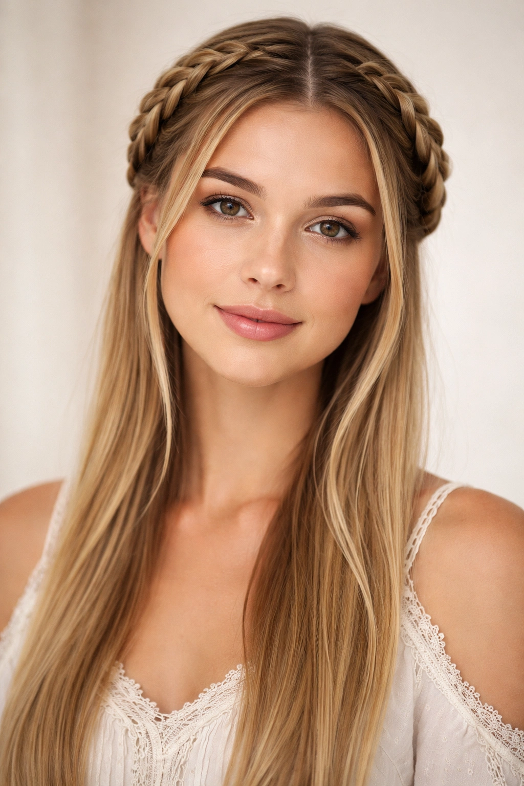 Close-up of milkmaid braids framing the face on straight hair in a studio