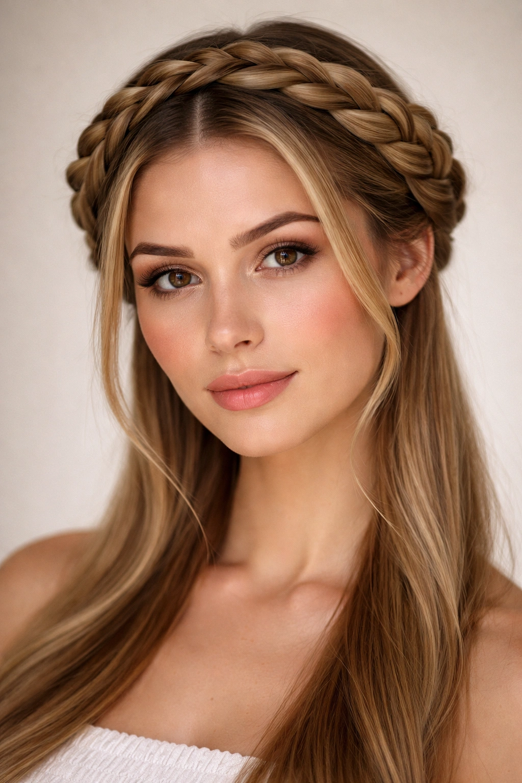 Milkmaid braids forming a crown around the head on straight hair