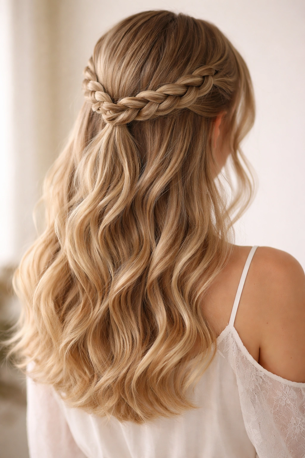 Two braids crossing over the crown with loose hair below