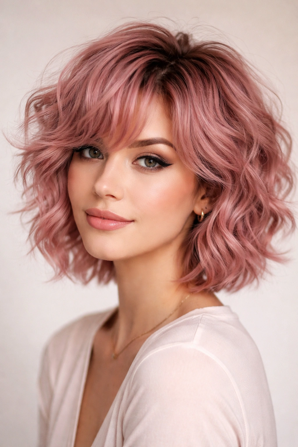 Short millennial pink curly waves with choppy layers.