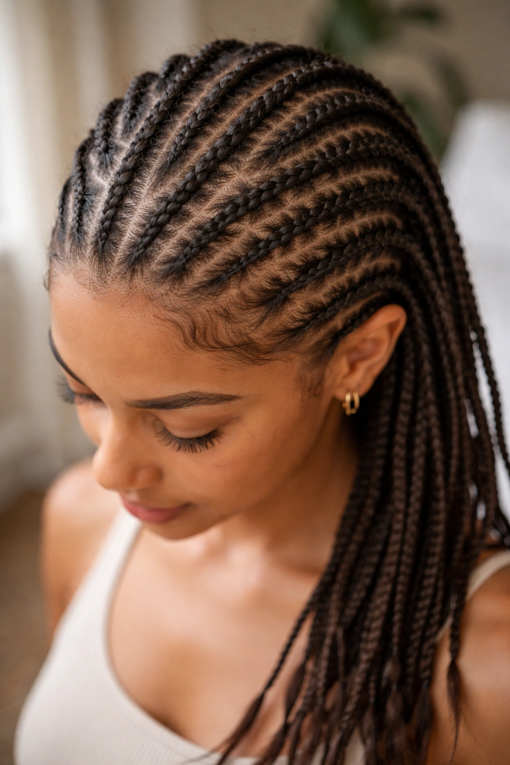 Top view of multiple thin braids forming a grid on the scalp