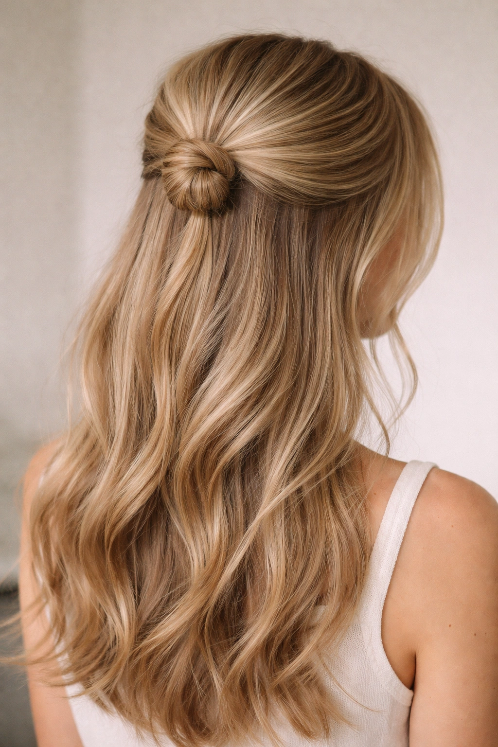 Back view of half-up hairstyle with a small bun at the crown