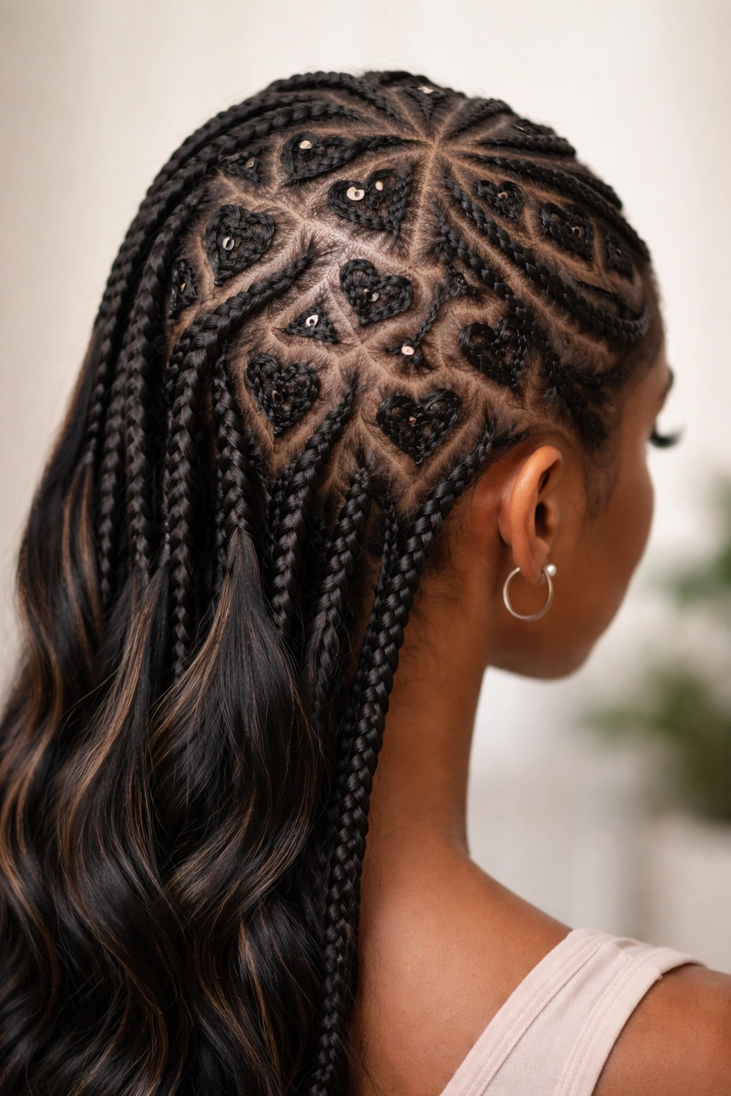 Scattered tiny hearts across scalp cornrow pattern